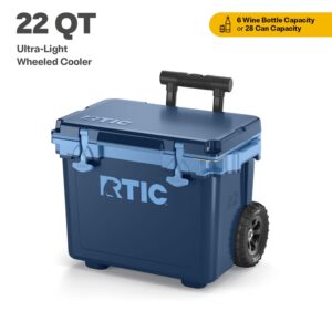 RTIC 22 QT Ultra-Light Wheeled Hard-Sided Ice Chest Cooler, Fits 28 Cans, 6 Wine Bottles, Navy & Denim