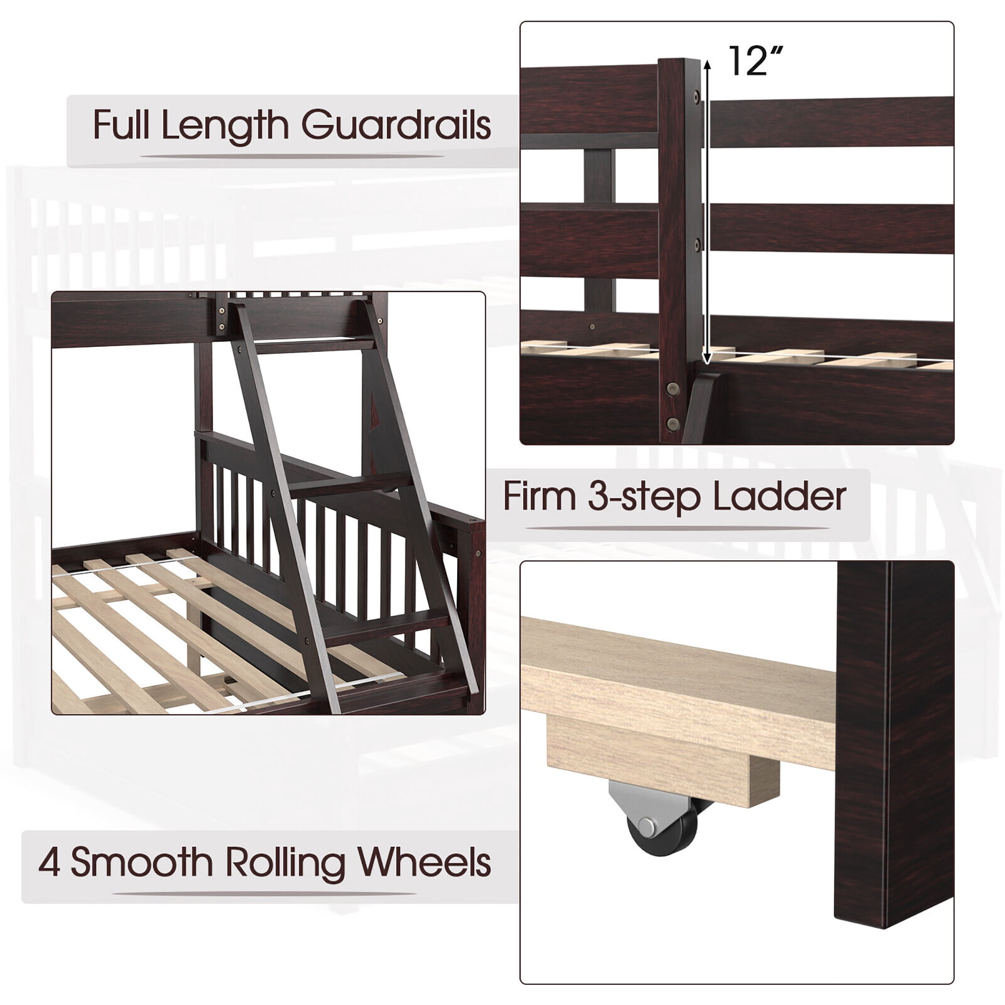 Gymax Twin Over Full Bunk Bed with Twin Trundle Convertible Platform Bed