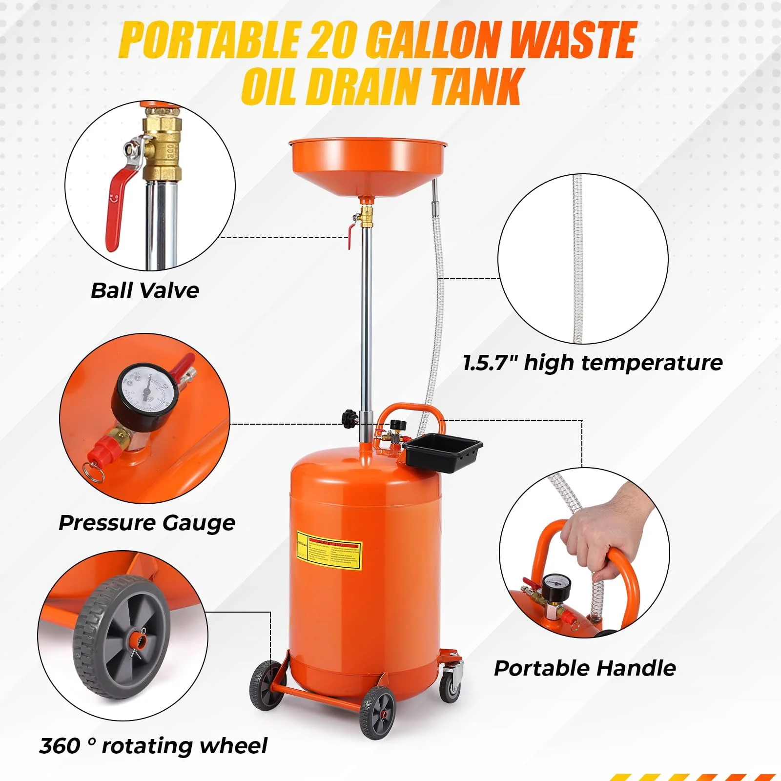 Kojooin 20 Gallon Oil Drain Tank, Portable Oil Drain Container with Adjustable Funnel Height 38"-65", Air Operated Drainage Fluid Fuel Transfer Drainage with 360° Wheels & Toolbox
