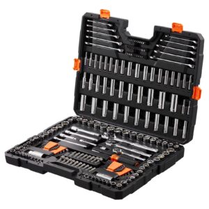 KFFKFF Mechanics Tool Set and Socket Set, 1/4" and 3/8" Drive Deep & Standard Sockets, 205 Piece SAE and Metric Mechanic Tool Kit with Bits, Combination Wrench, Hex Wrenches, Accessories