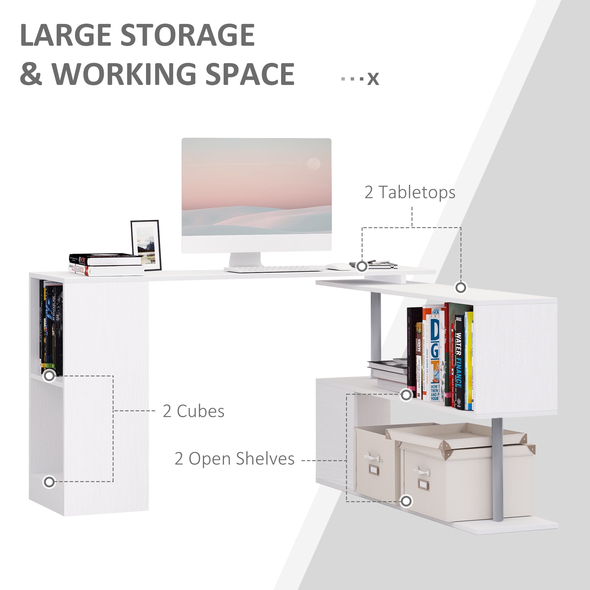 HOMCOM 55" L-Shaped Desk 360° Rotating Corner Computer Desk for Home Office