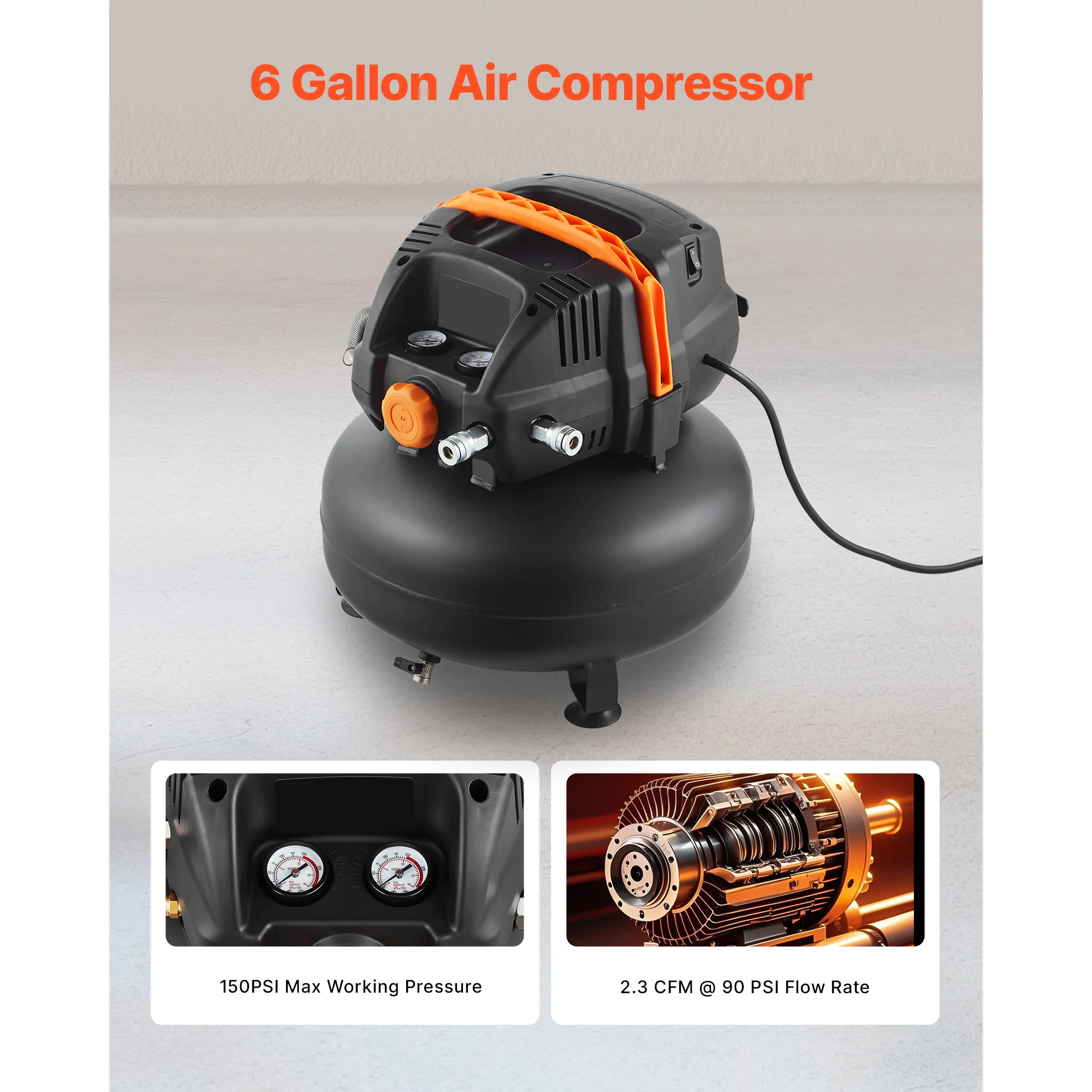 KFFKFF 6 Gallon Air Compressor, 1.7HP 2.3CFM @ 90PSI Portable Pancake Air Compressor & 150PSI Max Working Pressure, Oil-Free Compressor Tank for Tire Inflation, Spray Painting, Woodwork Nailing, 120V