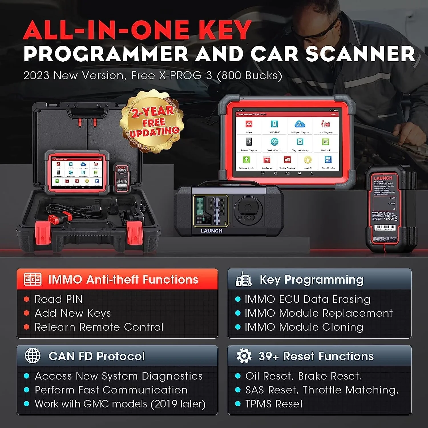 LAUNCH X431 IMMO Elite Key Programming Car Diagnostic Scan Tool with X-PROG3 Key Programmer, ECU Clone/match, CANFD&DOIP, 39+ Services 2 Years Free Update