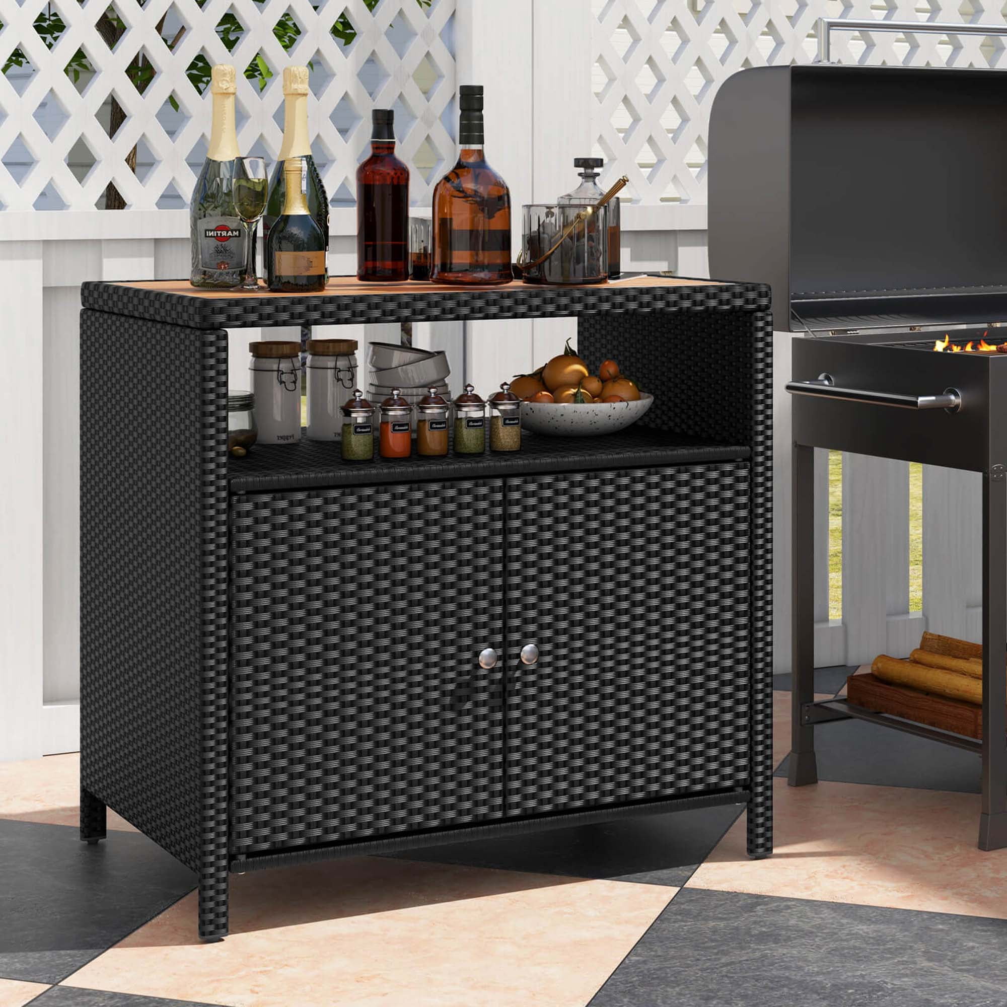 Costway Patio Rattan Storage Cabinet with Acacia Wood Countertop Open Shelf 2 Door Cabinet