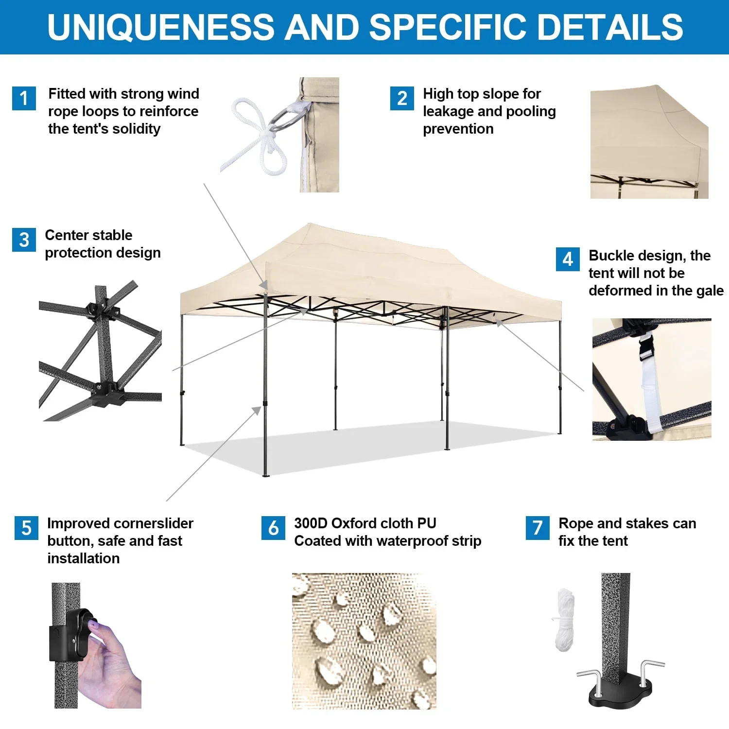10'x20' Pop Up Canopy Waterproof Folding Tent Outdoor Easy Set-up Instant Tent Heavy Duty Commercial Wedding Party Shelter with 6 Removable Sidewalls, 4 Sandbags, Roller Bag, Khaki