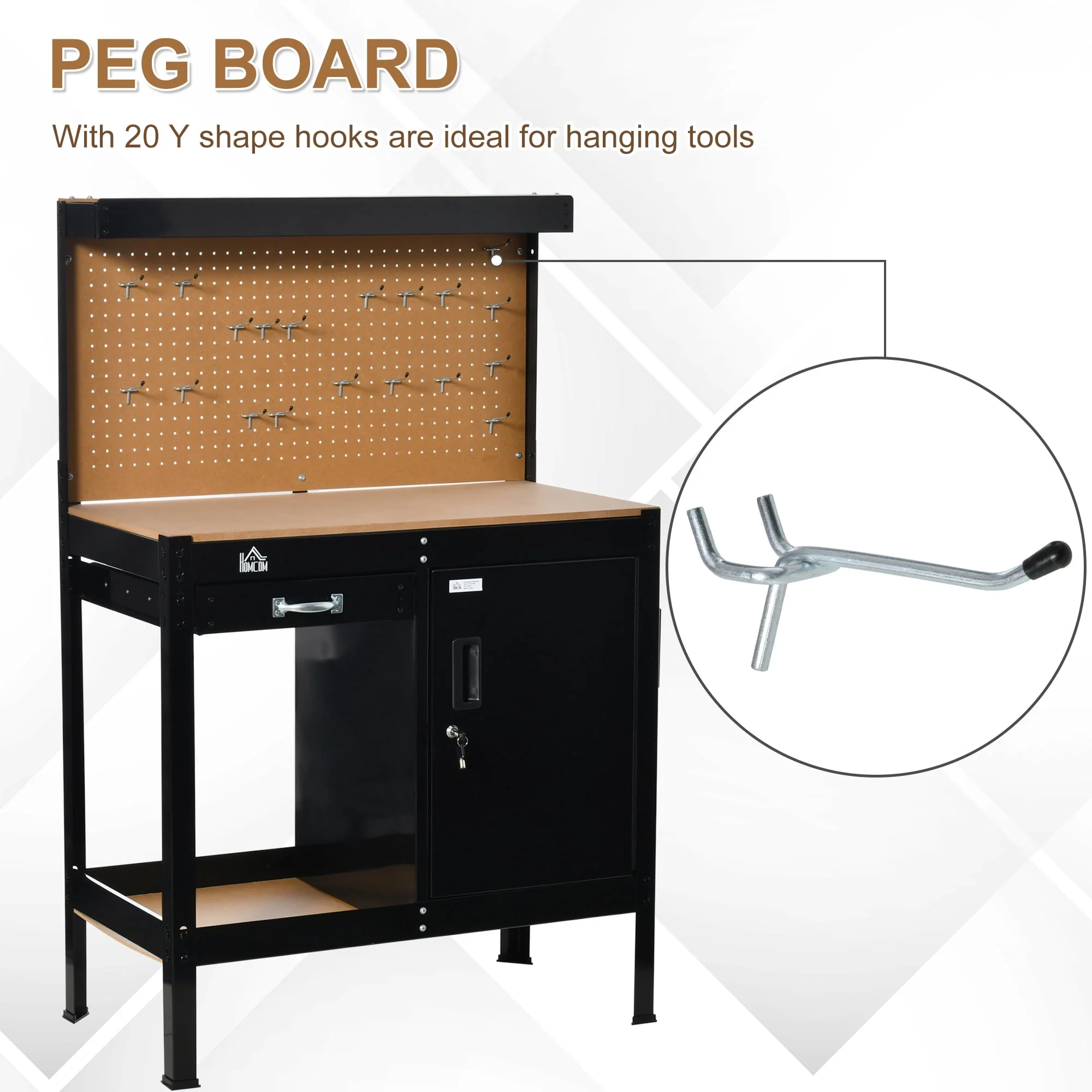 HOMCOM Garage Workbench with Storage Drawer, Peg Board, Lockable Cabinet