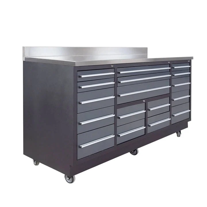 TMG Industrial 17-Drawer Workbench, 7-Ft, TMG Heavy Series, Stainless Steel Top, Ball Bearing Double Slides & Casters, TMG-WB717