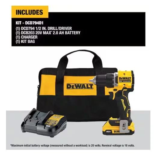 VSM DEWALT ATOMIC 20-Volt Lithium-Ion Cordless Compact 1/2 in. Drill/Driver Kit with 2.0Ah Battery, Charger and Bag