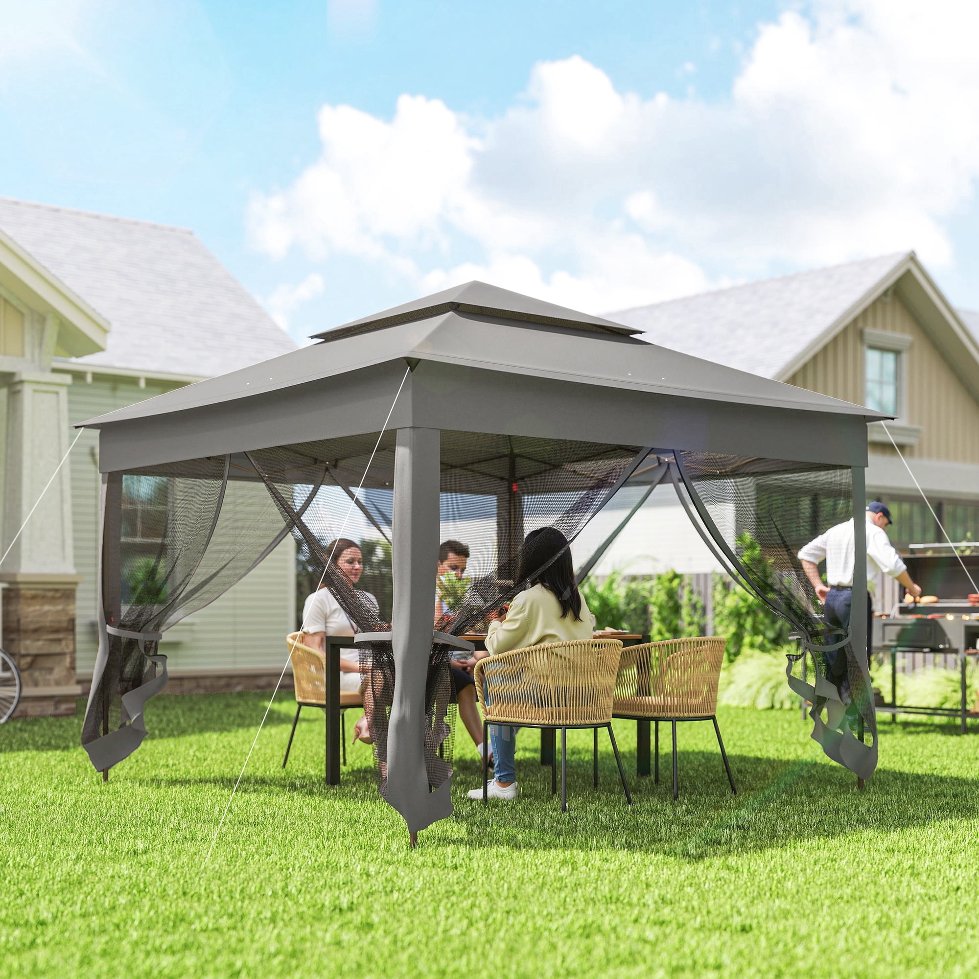 11'x11' Pop Up Gazebo 2-Tier Soft Top Gazebo w/ Mesh Netting