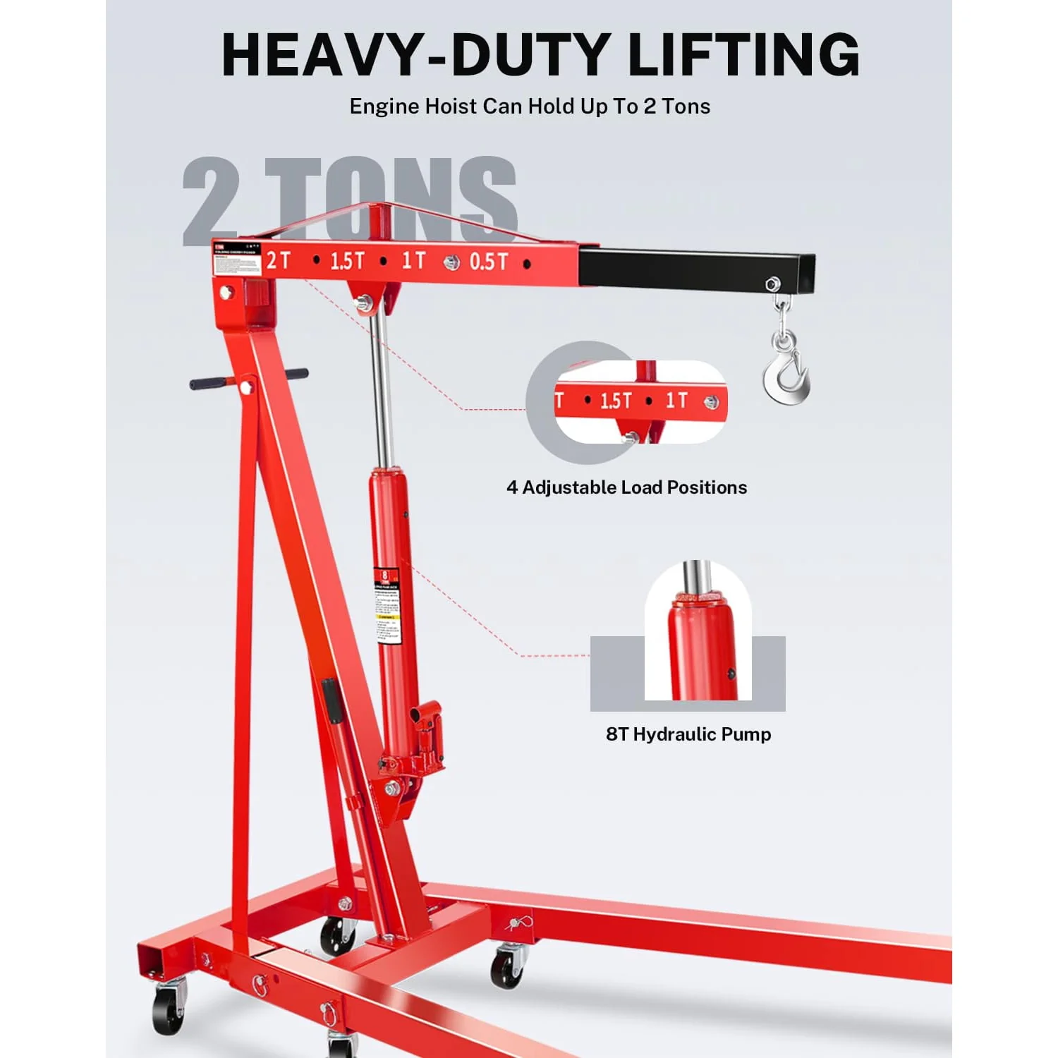 2-Ton Folding Hydraulic Shop Crane w/6 Steel Casters – Portable Engine Hoist for Cars, Tractors, Boats | 4-Height Adjustable Boom, Rust-Proof (4400LB Capacity)