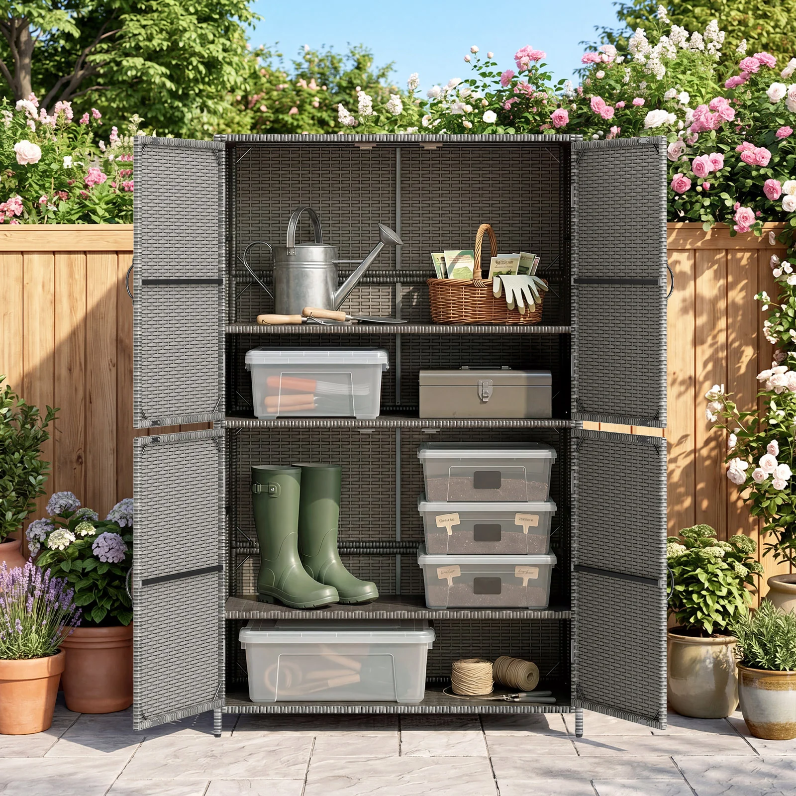 Costway Outdoor Storage Cabinet with Adjustable Shelves & Anti-Toppling Device for Garden Mix Gray