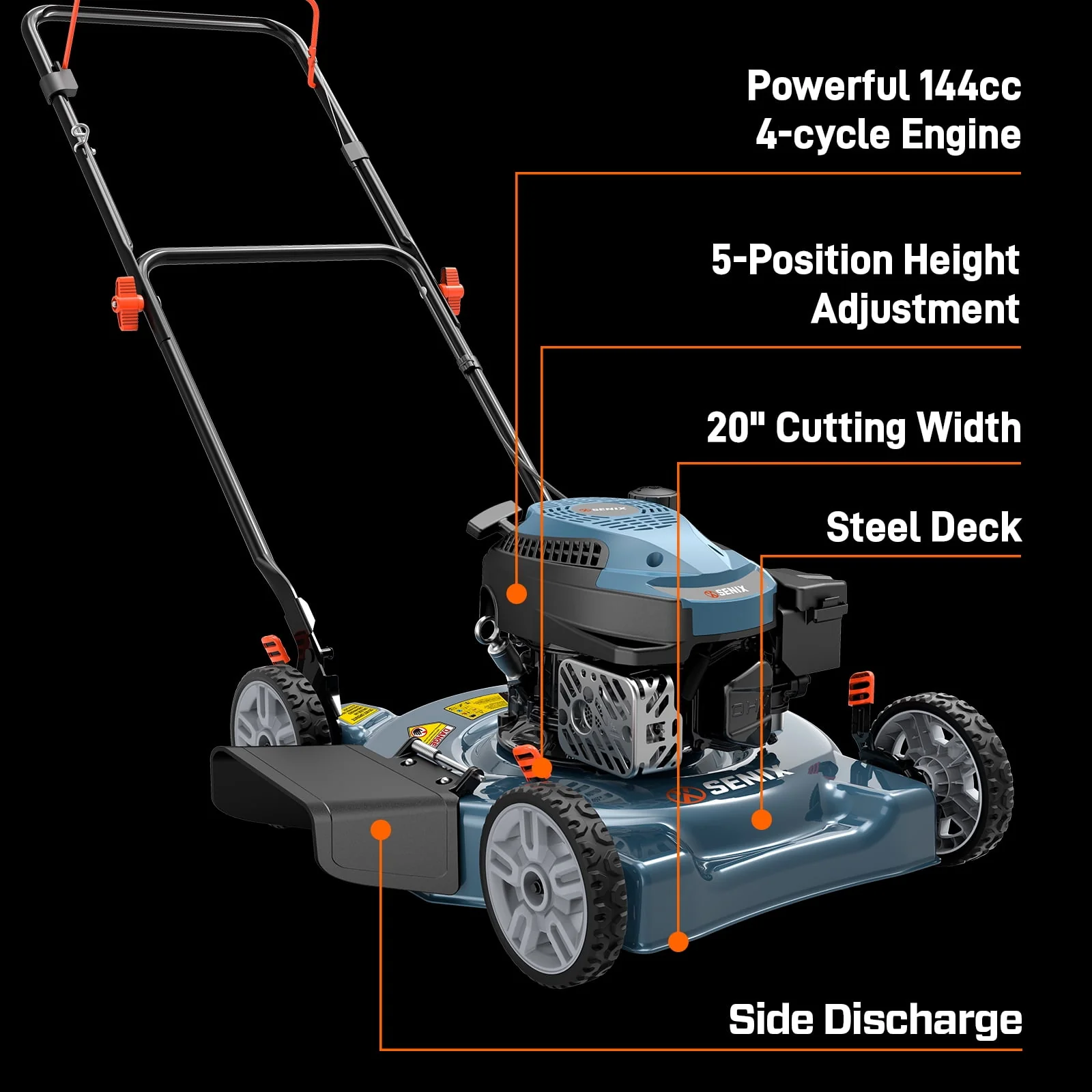 SENIX LSPG-L5 20" 144cc 4-Cycle Gas Powered Push Walk-Behind Lawn Mower, Side Discharge, 5-Position Height Adjustment