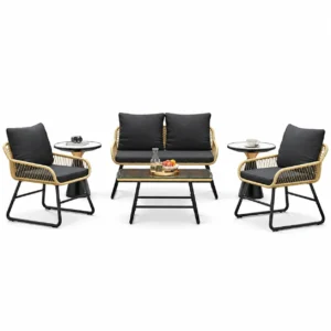 BeesClover 4 Piece Outdoor Bistro Set, Wicker Patio Furniture Set with Cushions, Tempered Glass Coffee Table, 2 Chairs and Loveseat for Garden, Backyard, Porch, Deck