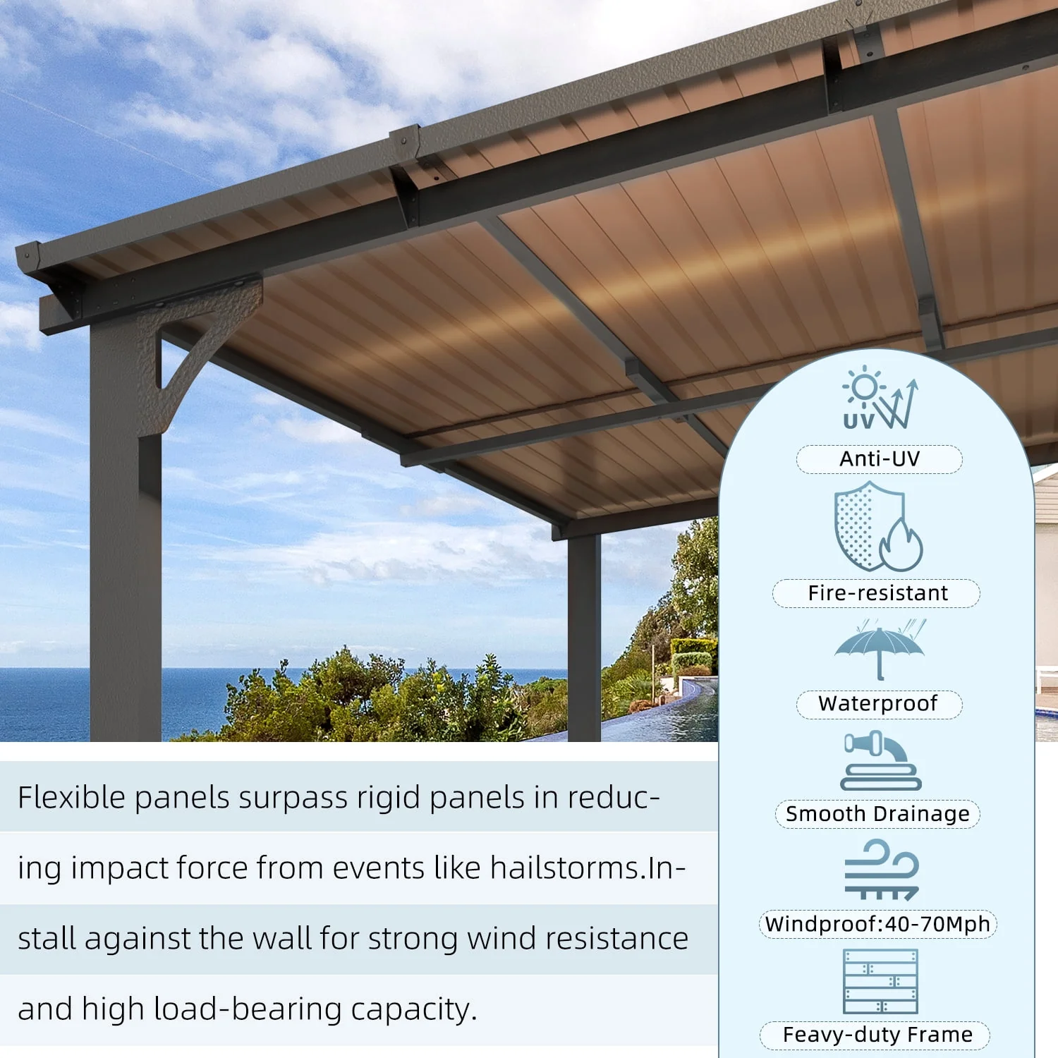 AECOJOY 20 x 12 Ft Wall-Mounted Hardtop Gazebo, Polycarbonate Roof & Metal Frame, Dark Grey