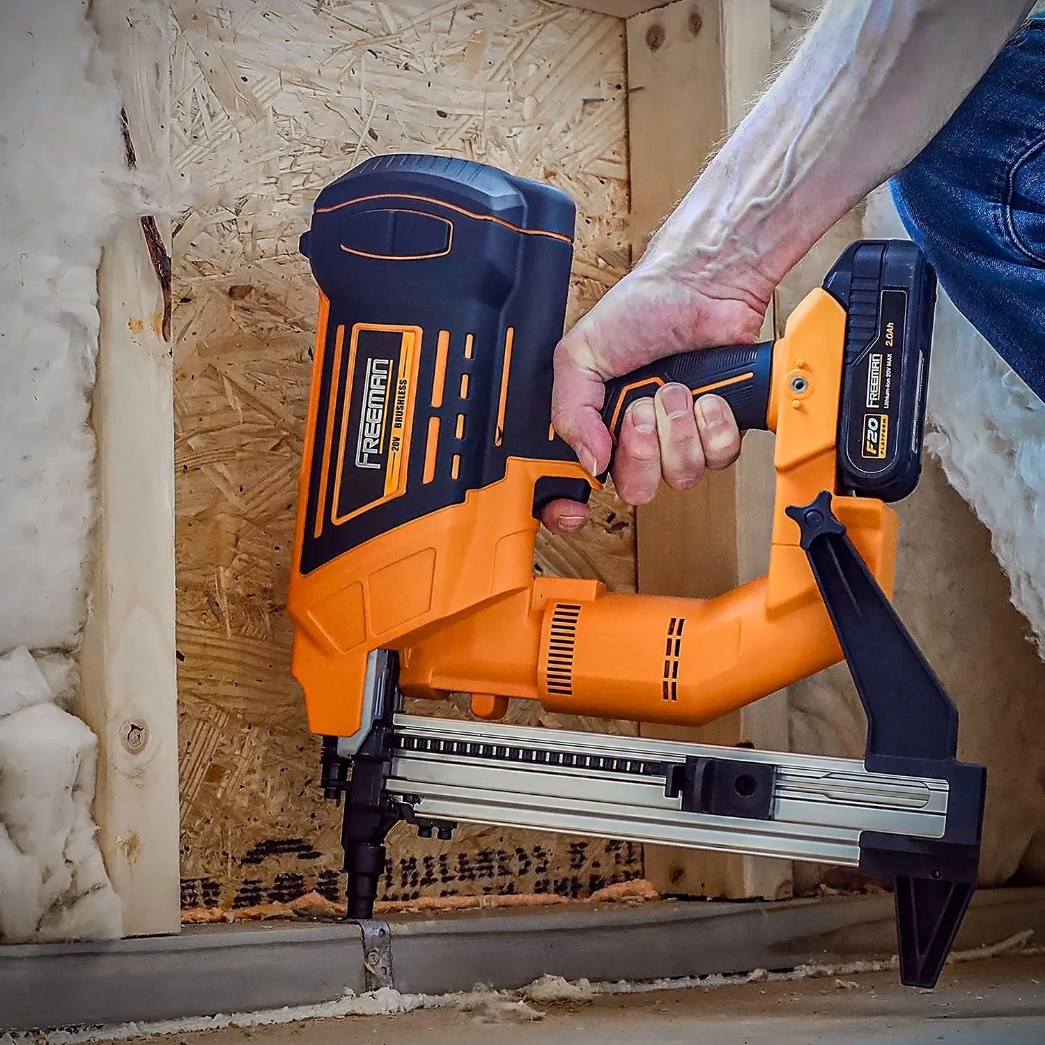 Freeman PE20VCSPN40 20 Volt Cordless and Brushless 1-1/2" Concrete Nailer Kit with Lithium Ion Battery, Charger, and Case -C 750 Shots per Charge