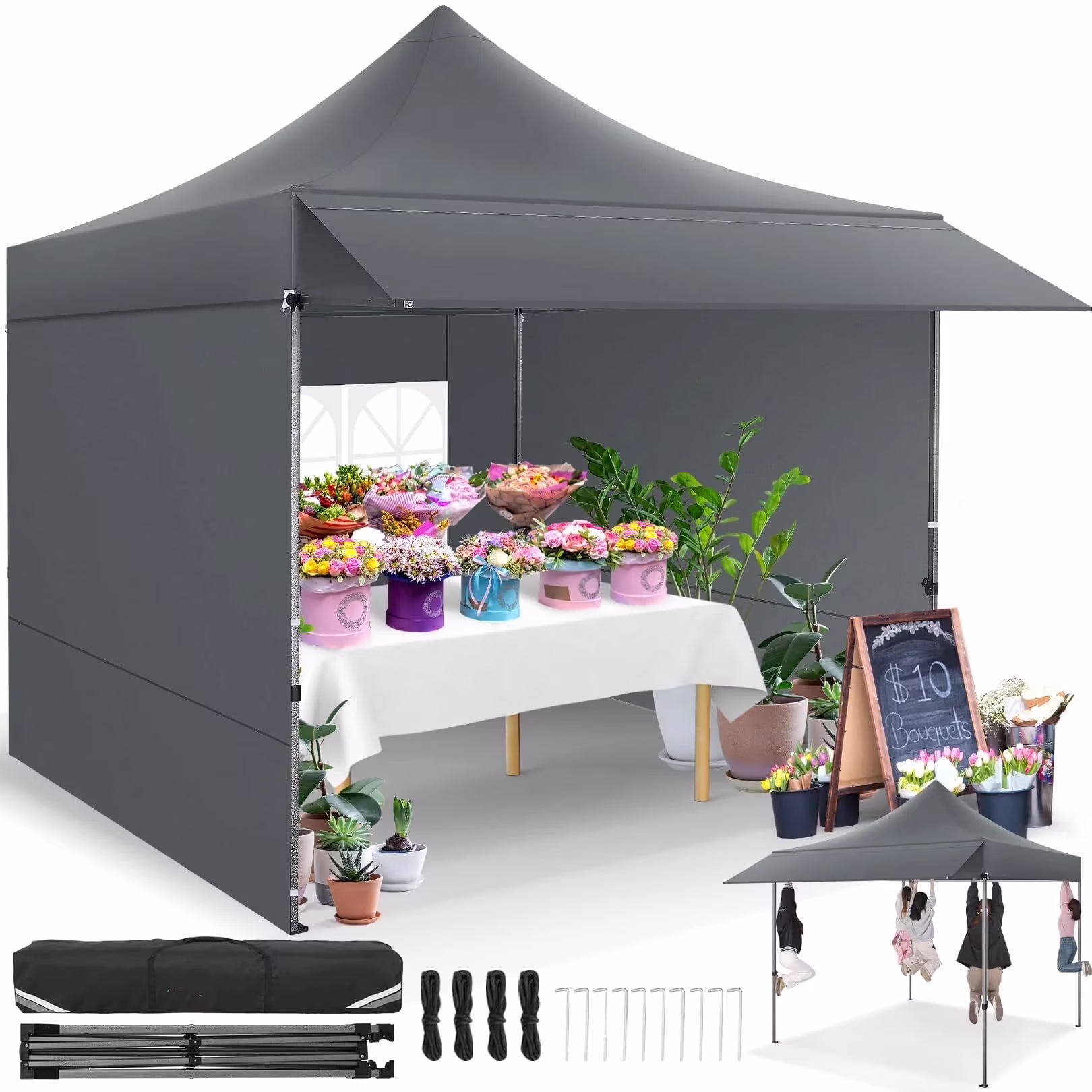 COBIZI 10x20 Pop Up Canopy Heavy Duty Party Tent with Removable Awning and Sidewalls,Easy Up Outdoor Wedding Canopy,Gazebo All Season Windproof&Waterproof with Roller Bag UPF 50+,Black