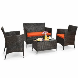 Costway 4PCS Rattan Patio Furniture Set Cushioned Sofa Chair Coffee Table Orange