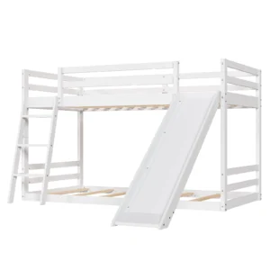 Ktaxon Bunk Bed Twin Over Twin,Kids Low Floor Bed Frame with Slide for Children Boys Girls Dormitory Bedroom,No Box Spring Needed,White