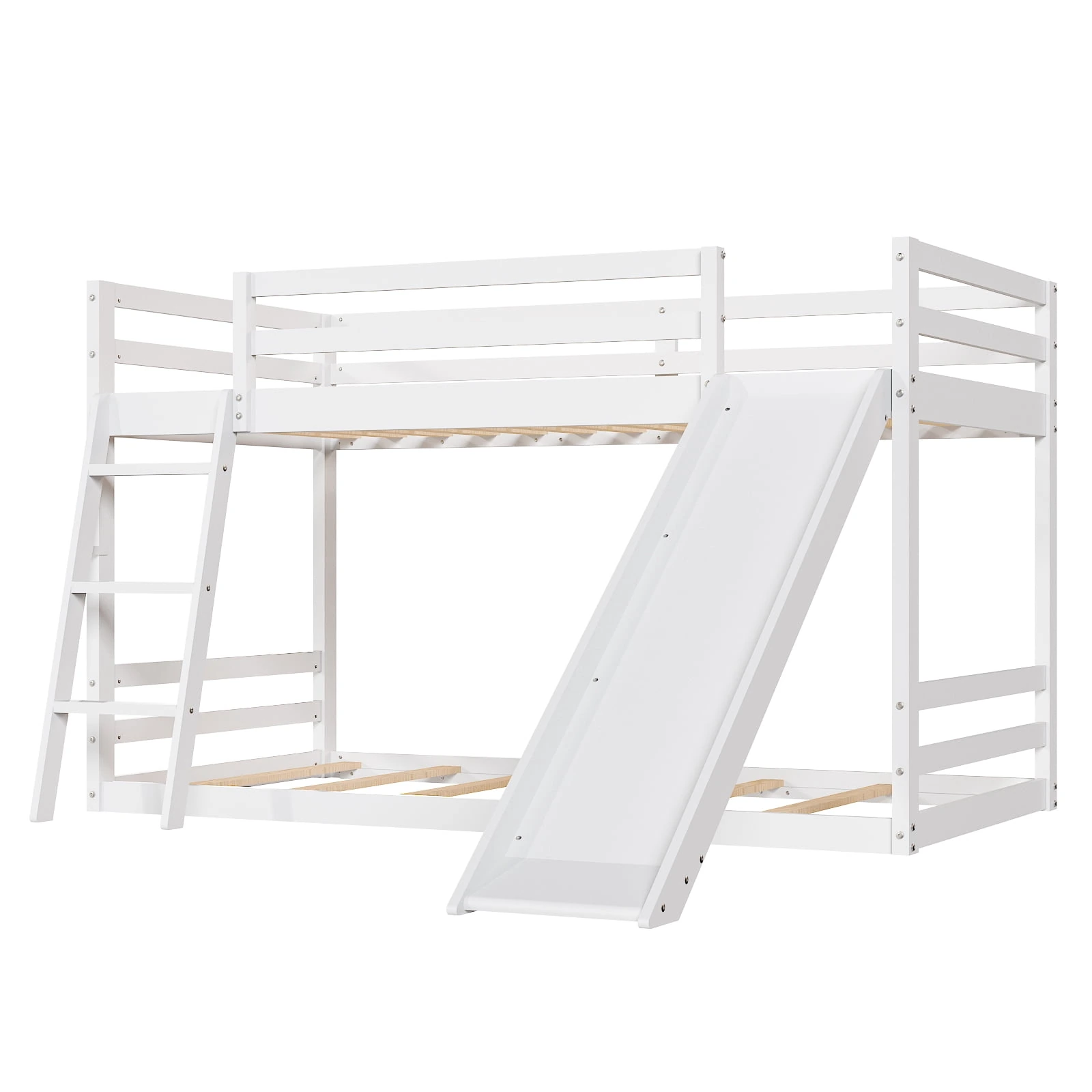 Ktaxon Bunk Bed Twin Over Twin,Kids Low Floor Bed Frame with Slide for Children Boys Girls Dormitory Bedroom,No Box Spring Needed,White