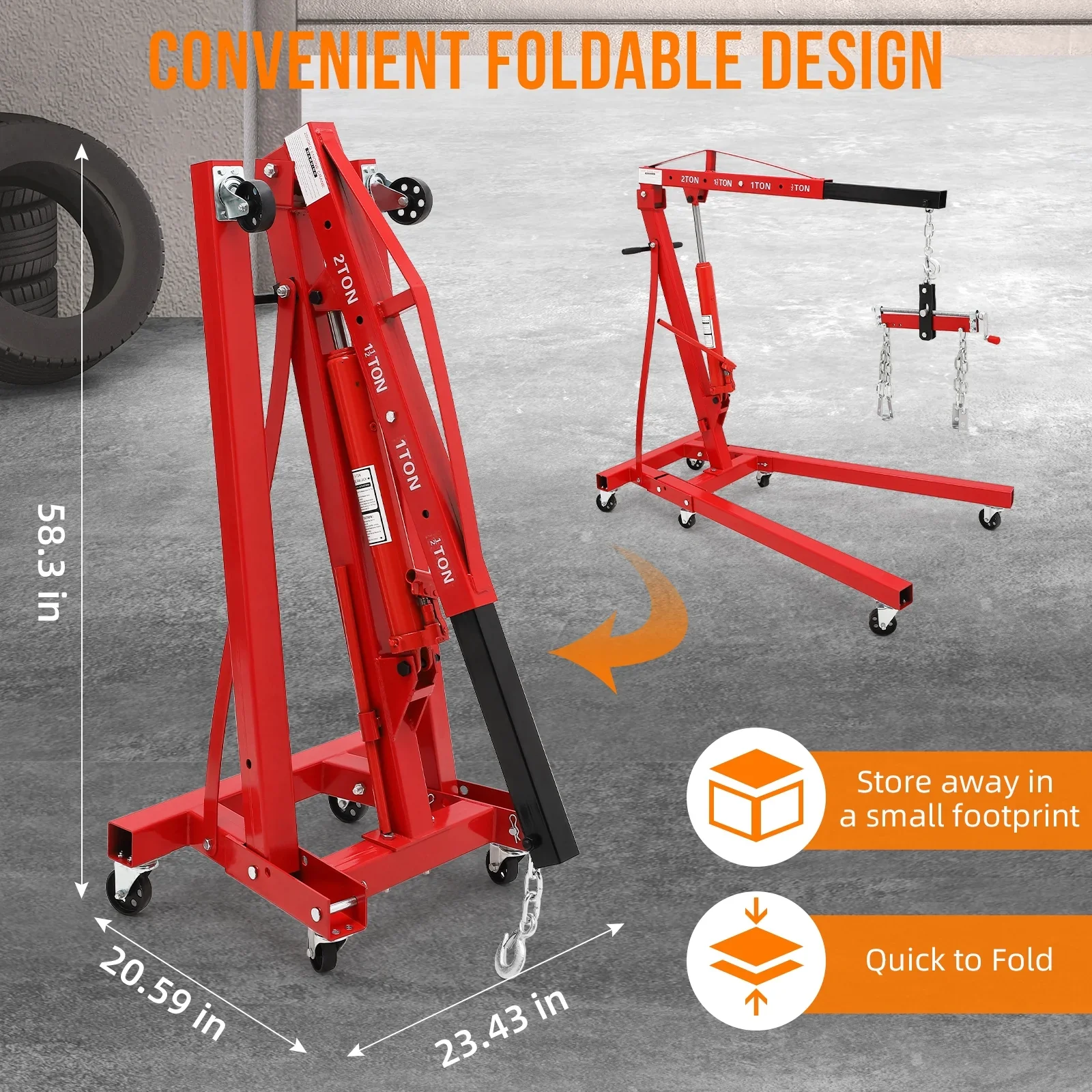 GARVEE 2 Ton Folding Hydraulic Engine Hoist with Lever,Folding Engine Shop Crane Hoist Lift,Heavy Cherry Picker with 6 Wheels for Garage,Workshop,Yellow