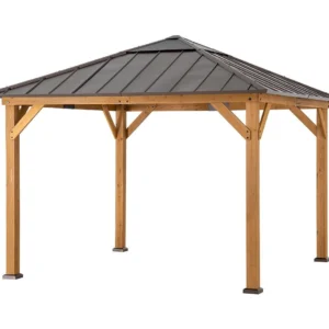 Sunjoy 11 ft. x 11 ft. Cedar Framed Gazebo with Brown Steel and Polycarbonate Hip Roof Hard Top