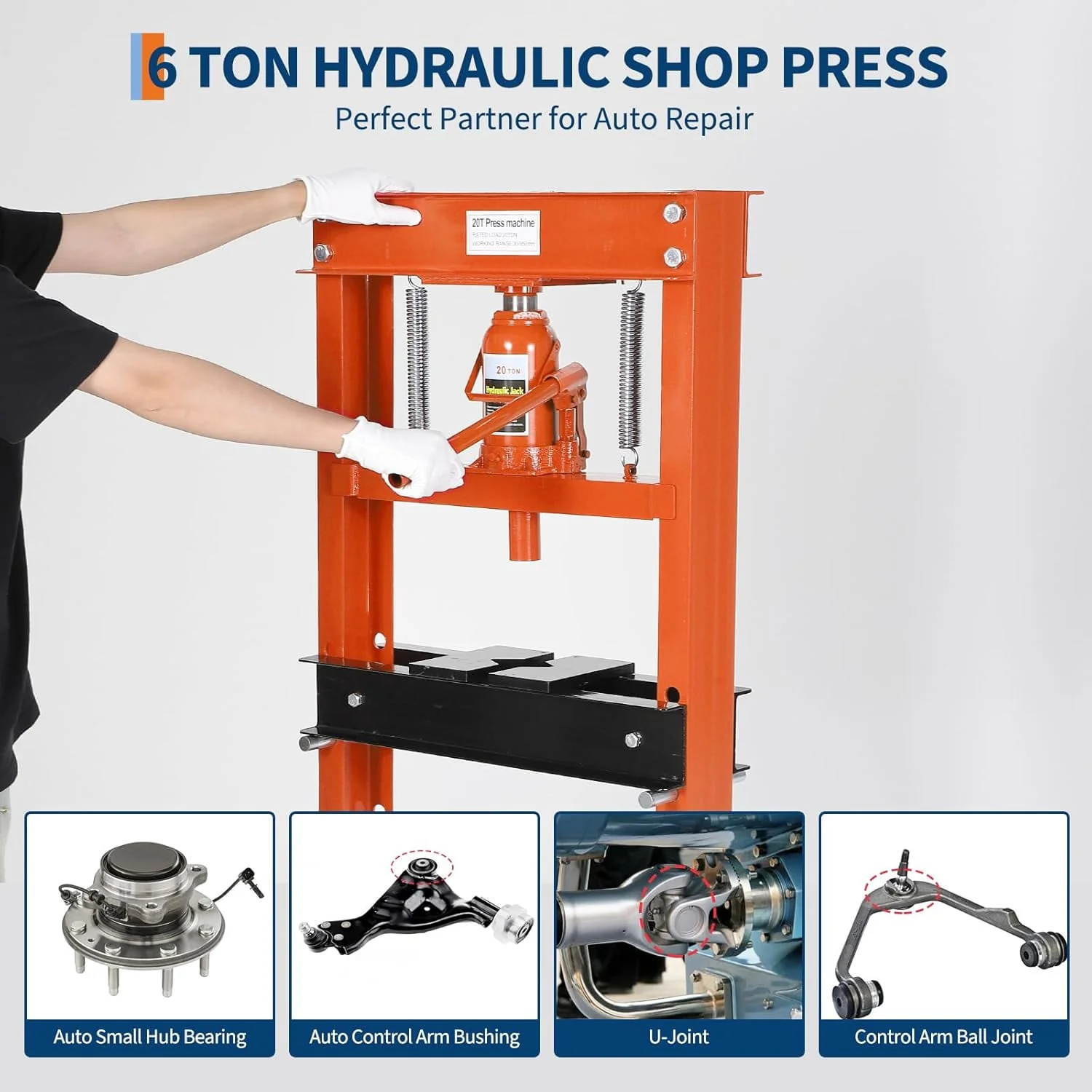 20 Ton Hydraulic Shop Press, H-Frame, 7-Hold Adjustable Height, with Movable Plates and Dust Cover, for Garage or Professional Users, Orange