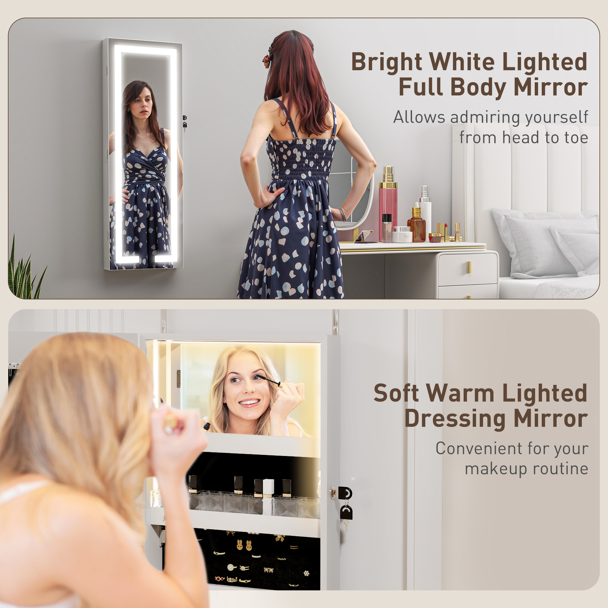 LED Jewelry Cabinet w/ Full Length Mirror Jewelry Storage Organizer, White