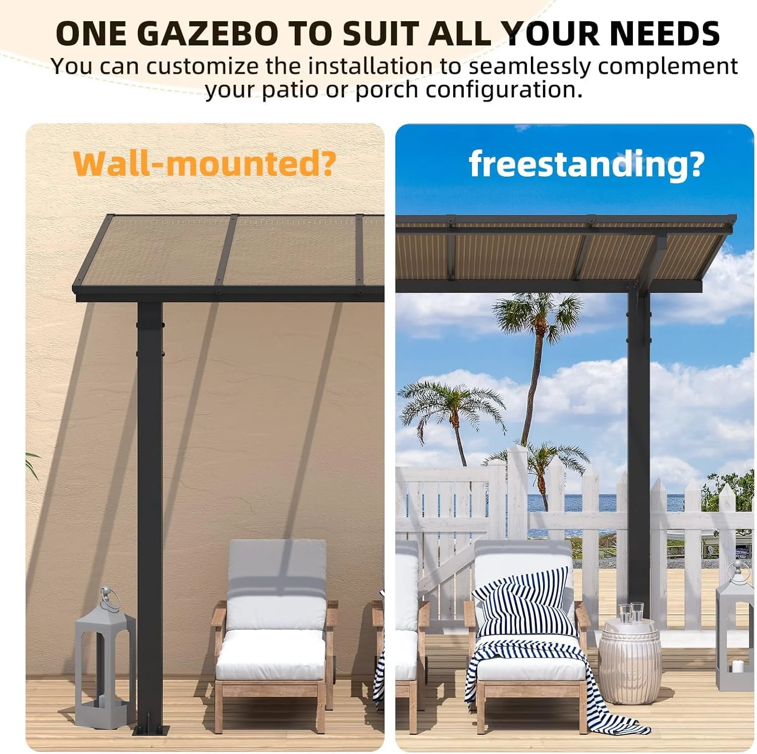 AECOJOY 10'x8' Gazebo, Outdoor Wall Mounted Hardtop Gazebo & Pergola with Aluminum Frame for Patio, Porch and Backyard in Black