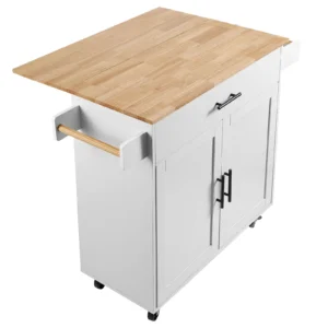 KFFKFF Mobile Kitchen Cart with Sturdy Wood Surface, 35.4" Broad, Equipped with Storage Compartment, Movable Kitchen Table Incorporating Spice Holder, Towel Holder, Drop Leaf and Drawer, White