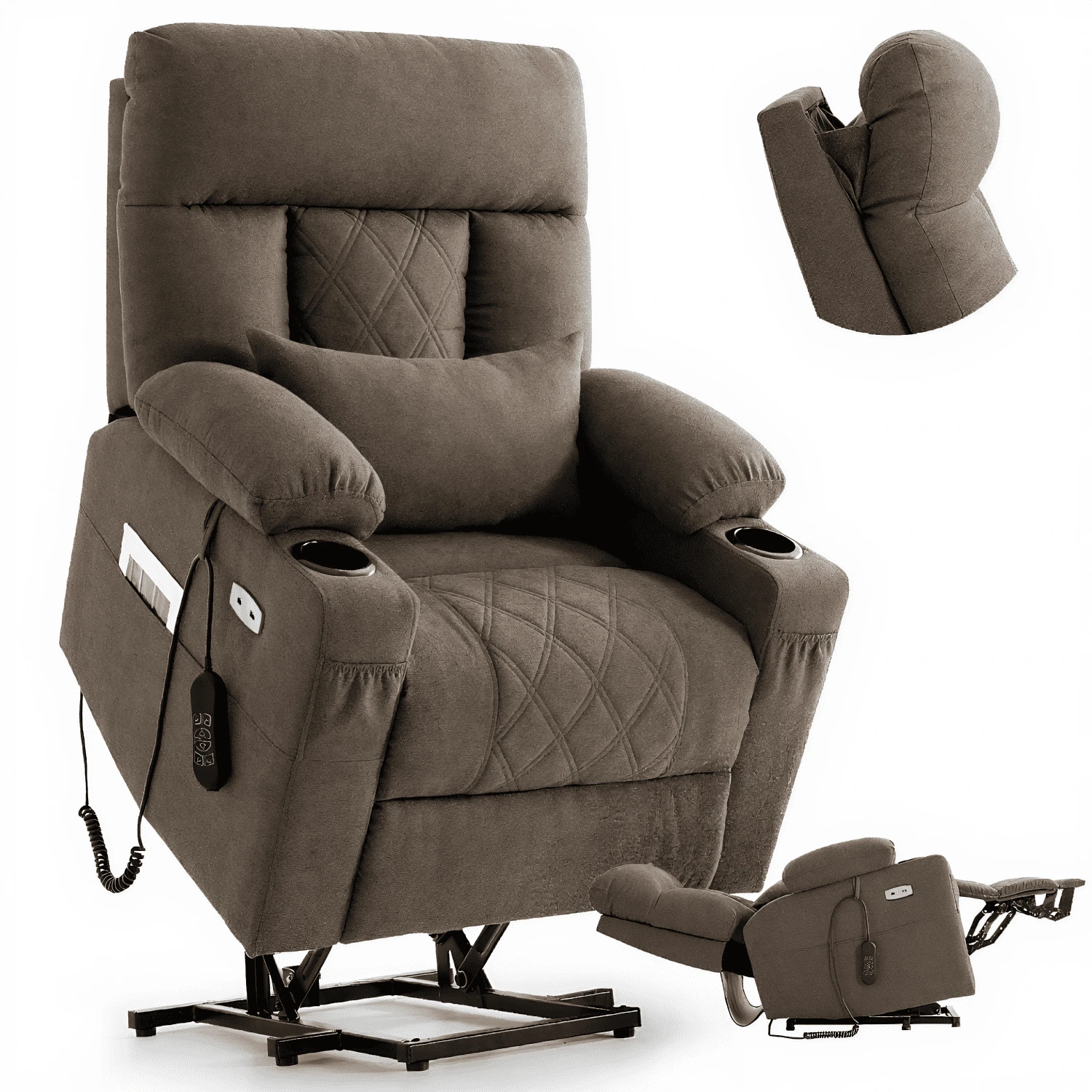 TEKAMON Power Lift Recliner Chair for Elderly - Adjustable Headrest, Three Motor, Infinite Positions, Built-in Massage and Heating, USB Ports, Cup Holders