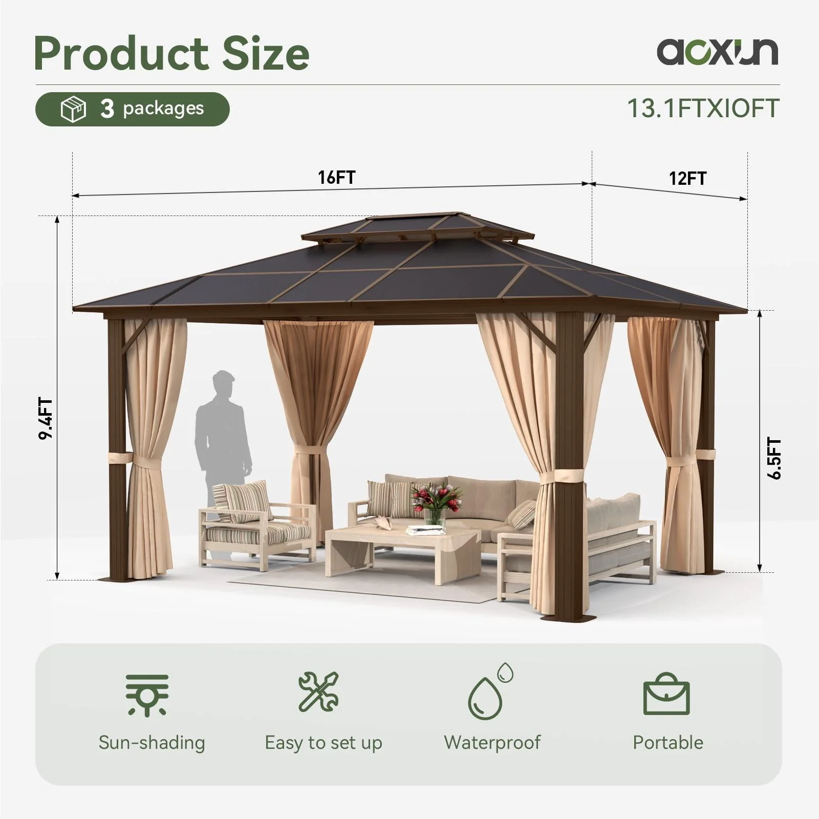 Aoxun 12 ft. x 16 ft. Hardtop Gazebo, Aluminum Frame Permanent Pavilion with Curtains and Netting, Outdoor Polycarbonate Double Roof Canopy, for Garden, Lawns, Patio
