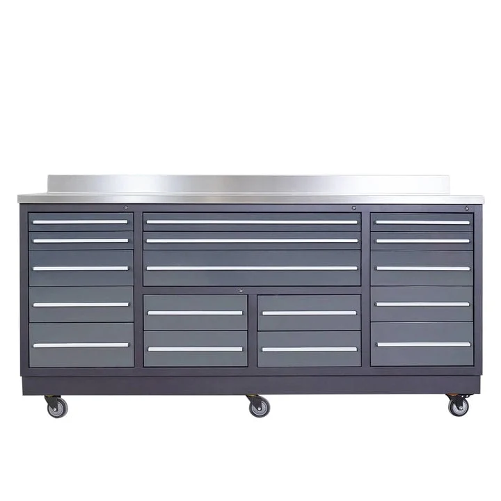 TMG Industrial 17-Drawer Workbench, 7-Ft, TMG Heavy Series, Stainless Steel Top, Ball Bearing Double Slides & Casters, TMG-WB717