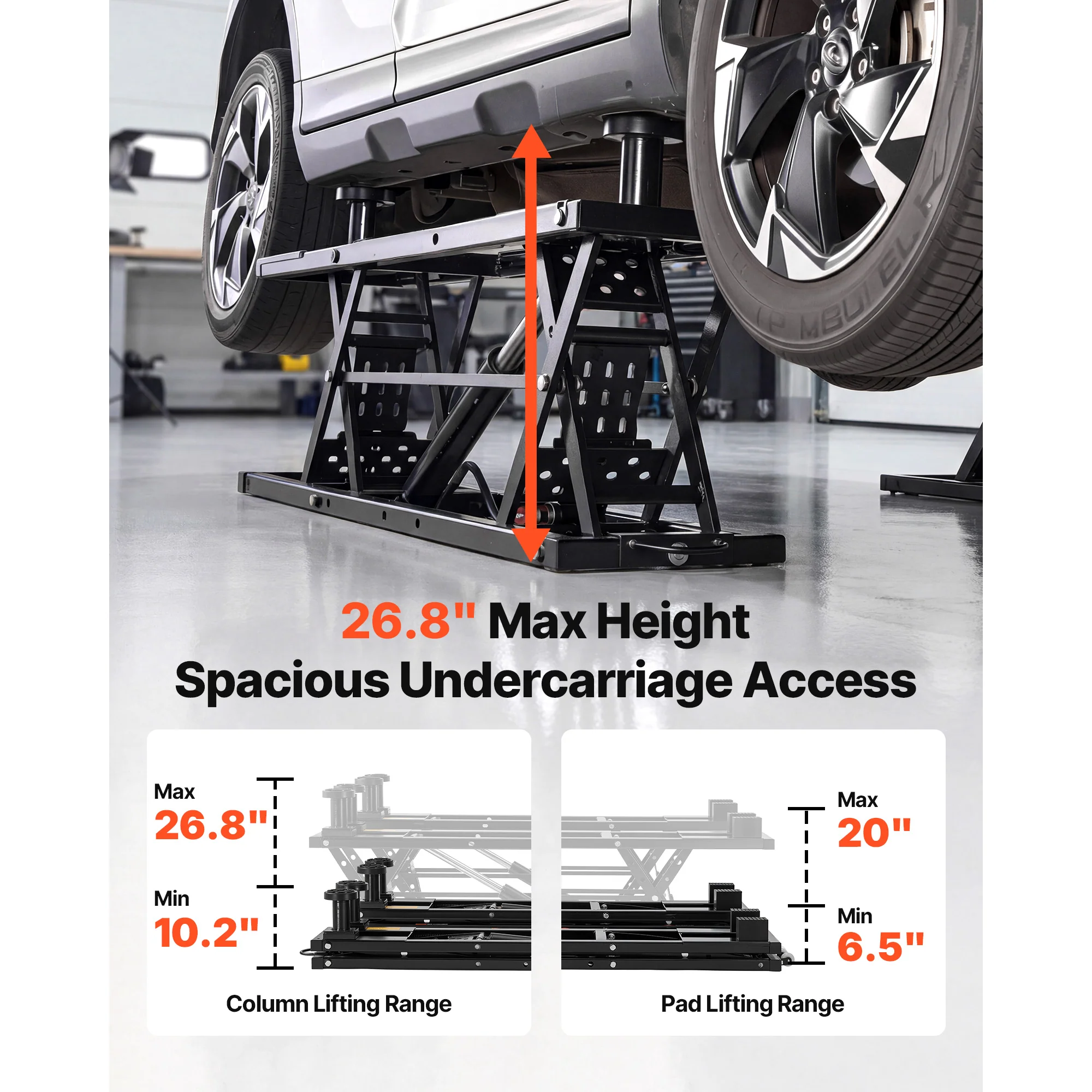 KFFKFF Portable Car Lift, 7000 lbs Capacity, Steel Truck Lift with 26.8" Max Height, Pneumatic Pump, 4 Rubber Pads & 4 Lifting Columns