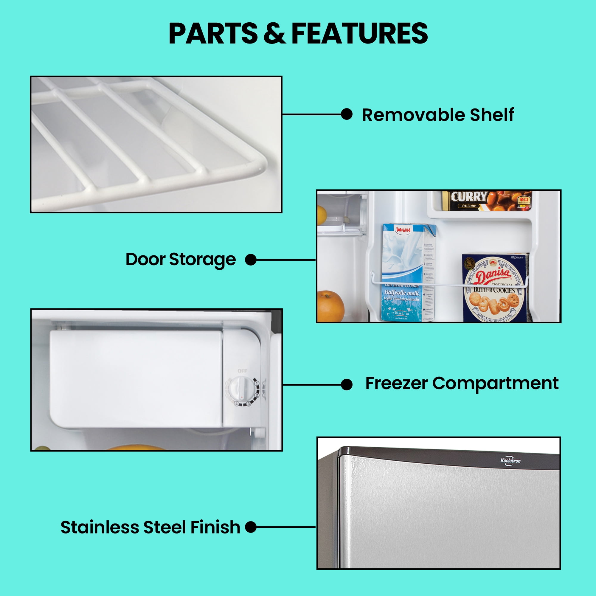 Koolatron 1.6 Cu.ft Mini Fridge with Freezer, Stainless Steel Compact Refrigerator for Home & Office
