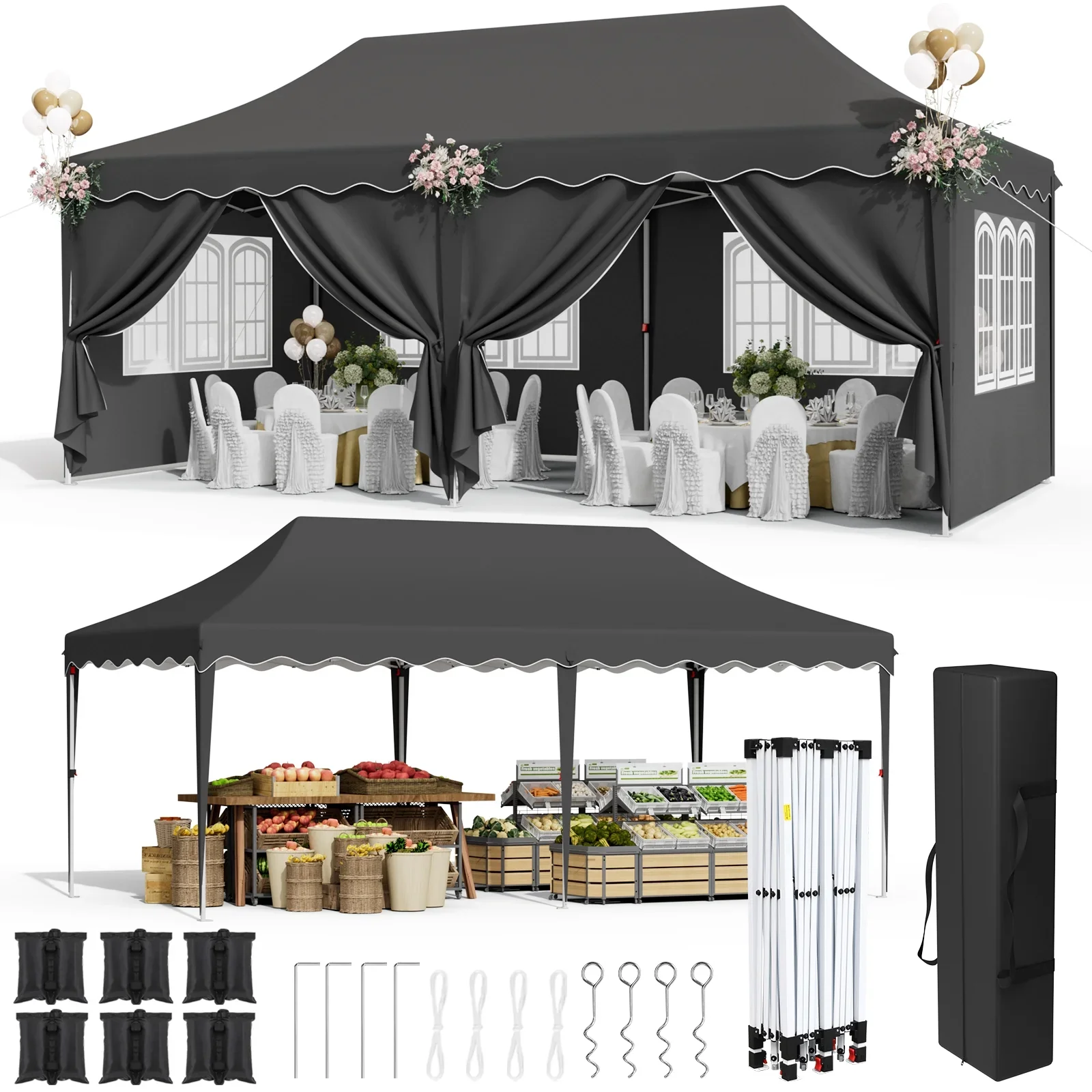 LAZY BUDDY 10'x20' Pop up Canopy Tent with 6 Sidewalls, Heavy Duty Outdoor Canopy Tent Commercial Instant Folding Sun Shelter for Party, Wedding, Camping