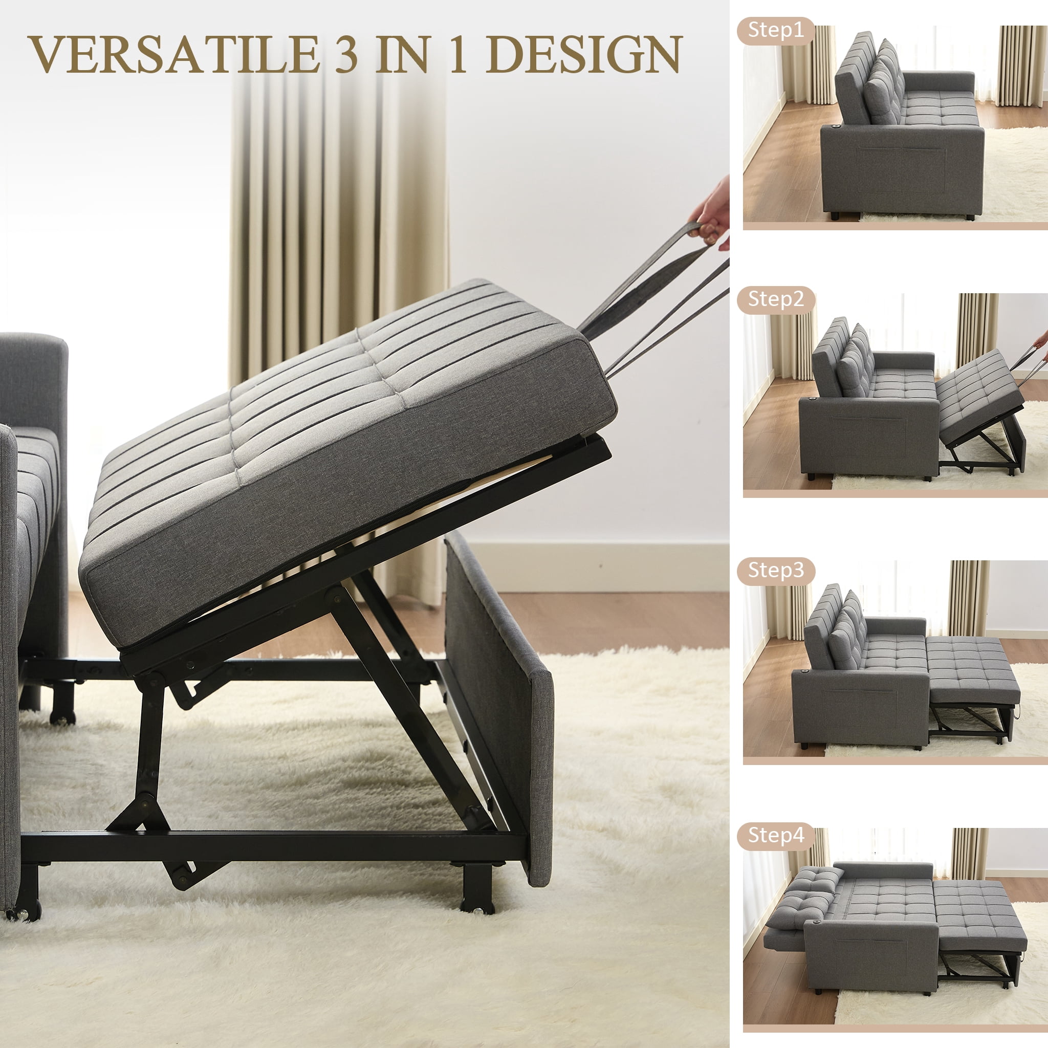 BIGSYY 52" Linen 3-in-1 Convertible Sleeper Sofa with Pull-Out Bed, Stepless Adjustable Backrest & Side Pocket - Light Grey