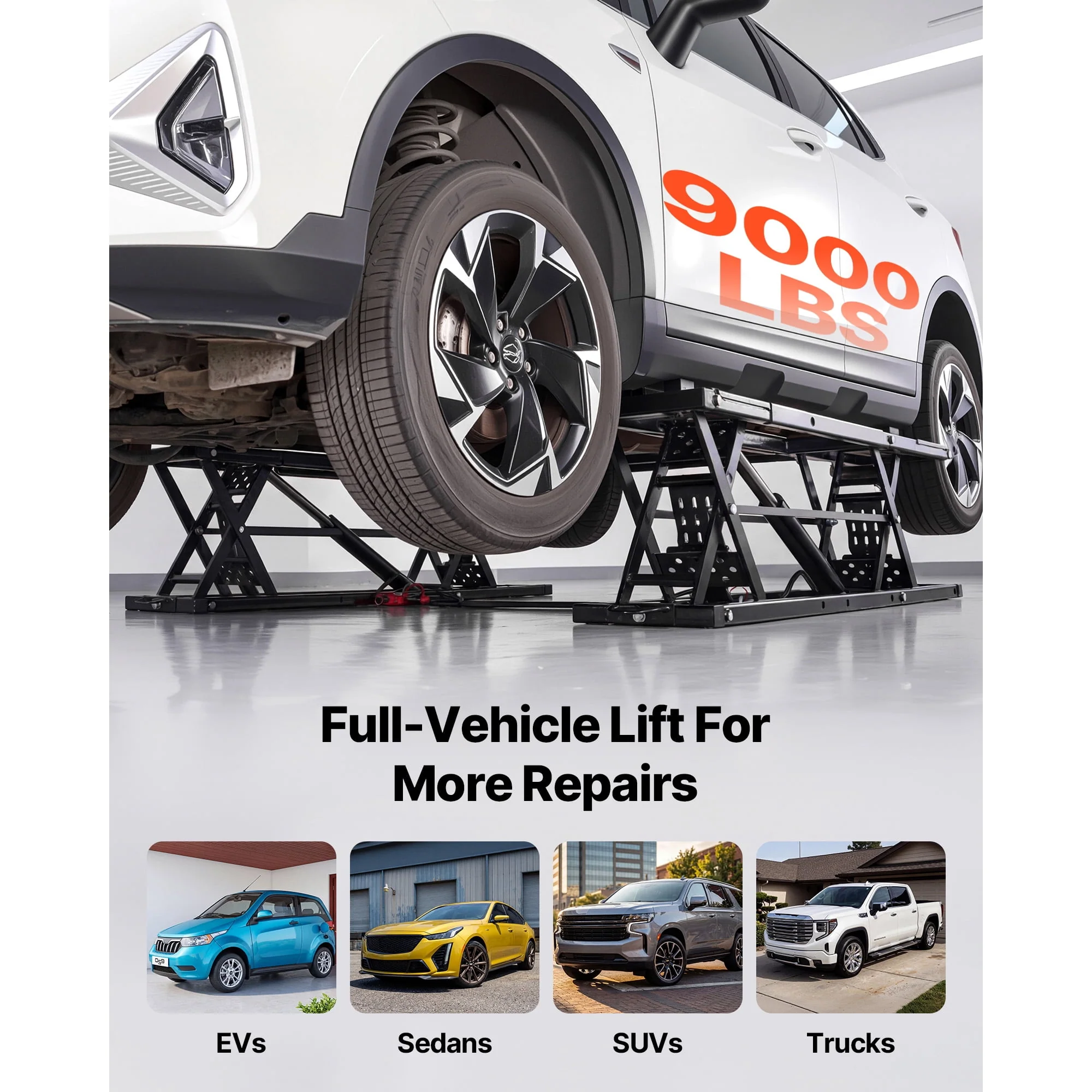 KFFKFF Portable Car Lift, 9000 lbs Capacity, Heavy Duty Steel Truck Lift with 28" Max Height, 120V Power Unit, Wheels, 4 Rubber Pads