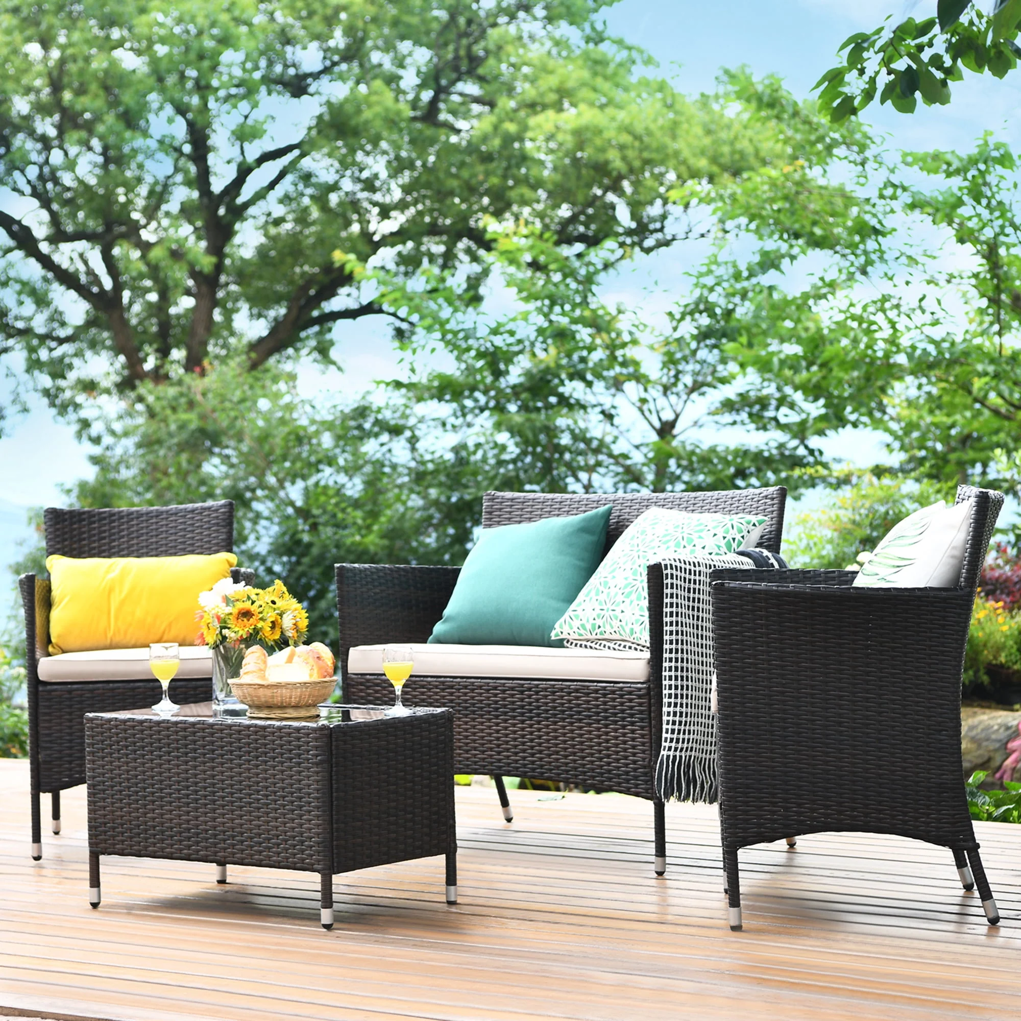 Gymax 8PCS Patio Rattan Conversation Furniture Set Outdoor w/ Brown Cushion