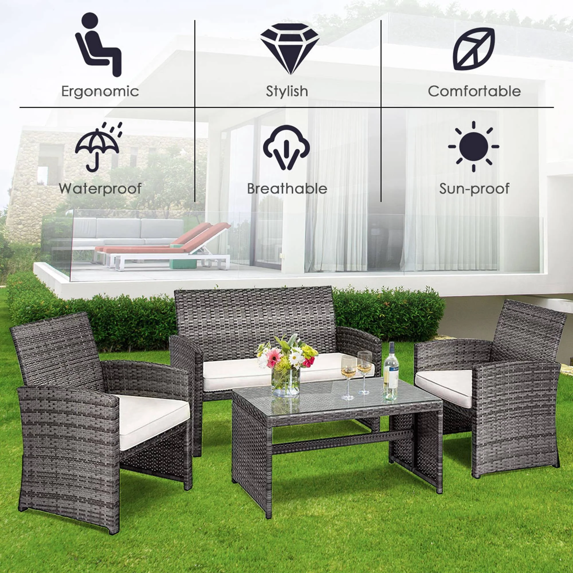 Costway 4PCS Patio Rattan Furniture Set Conversation Glass Table Top Cushioned Sofa