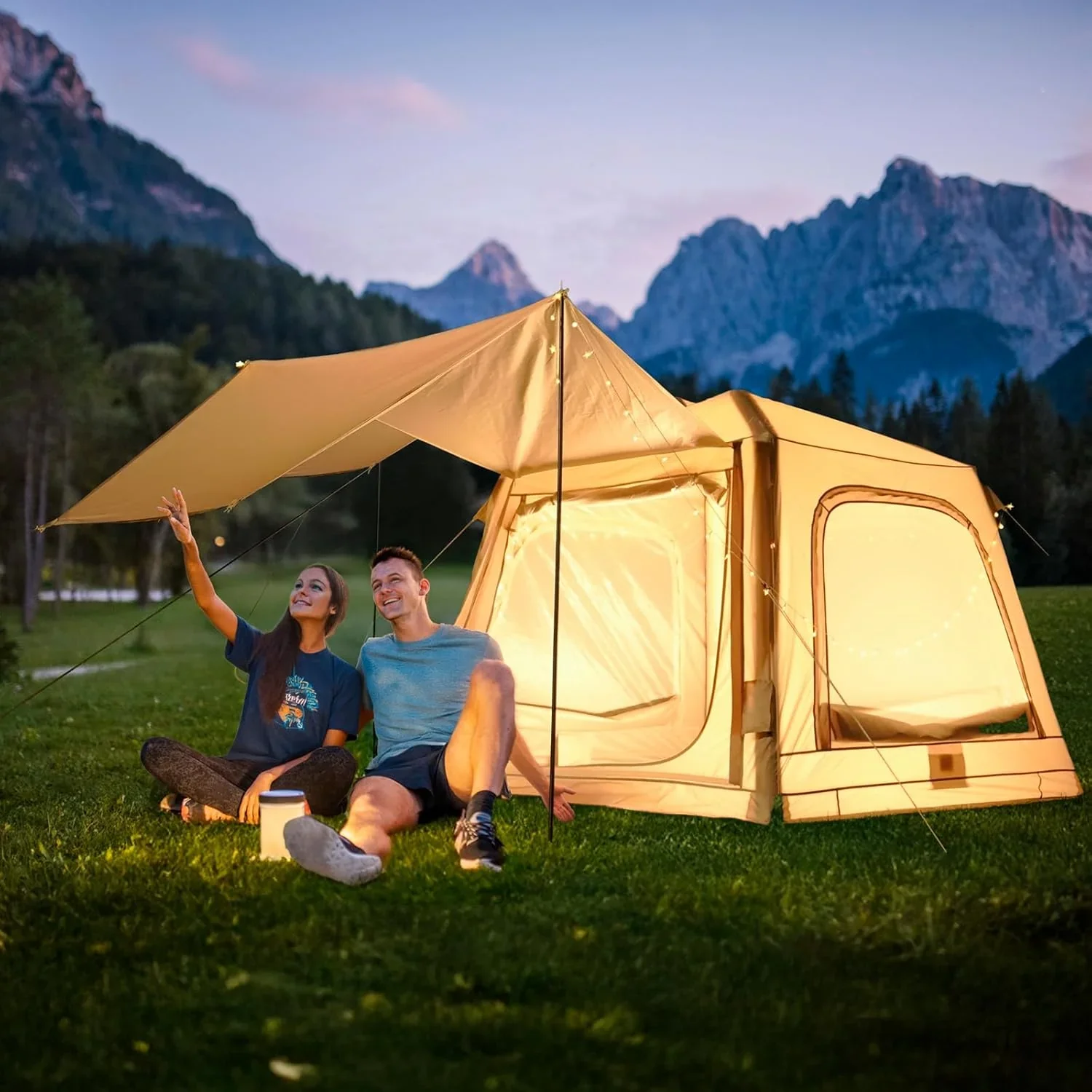Zikebtuy 2/6/8 Person Inflatable Camping Tent, Easy Setup Blow Up Air Tent with Hand Pump, Waterproof 4-Season Glamping Tent with Large Mesh Windows & Oversized Canopy for Couples, Group & Family