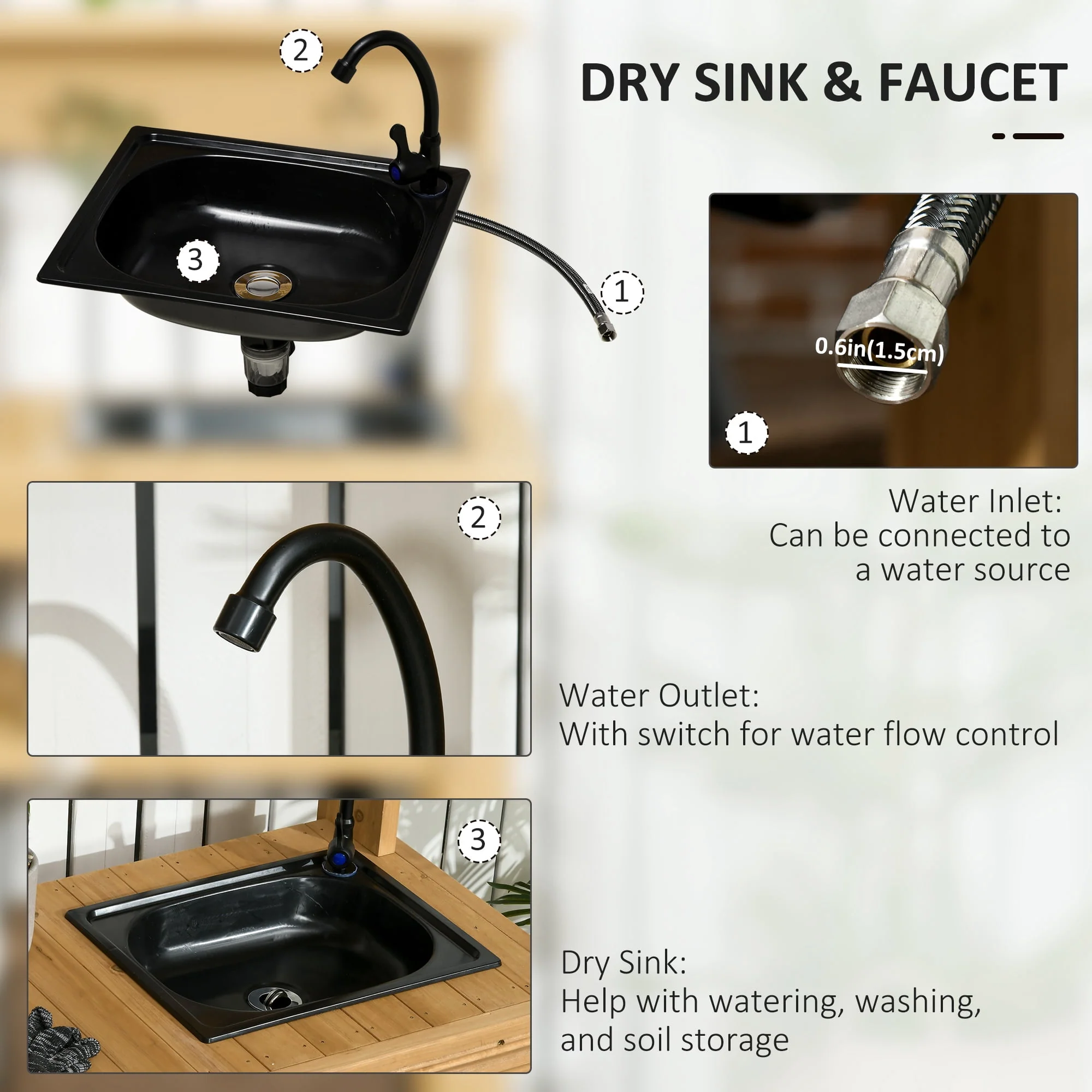 Outsunny Potting Benches for Outside, Solid Wood, Gardening Bench, Removable Sink, Metal Faucet, Ample Storage
