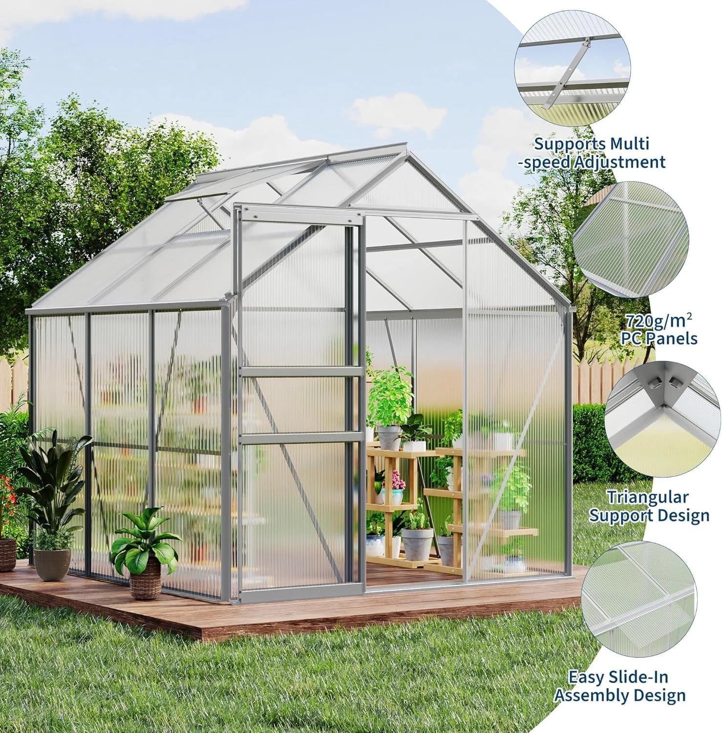 Heavy Duty Polycarbonate Greenhouse 6x6 FT – Sturdy Aluminum Frame, Lockable Sliding Door, Adjustable Roof Vent, Rain Gutter – Walk-In Outdoor Garden Greenhouse for All Weather, Patio, Backyard, Black