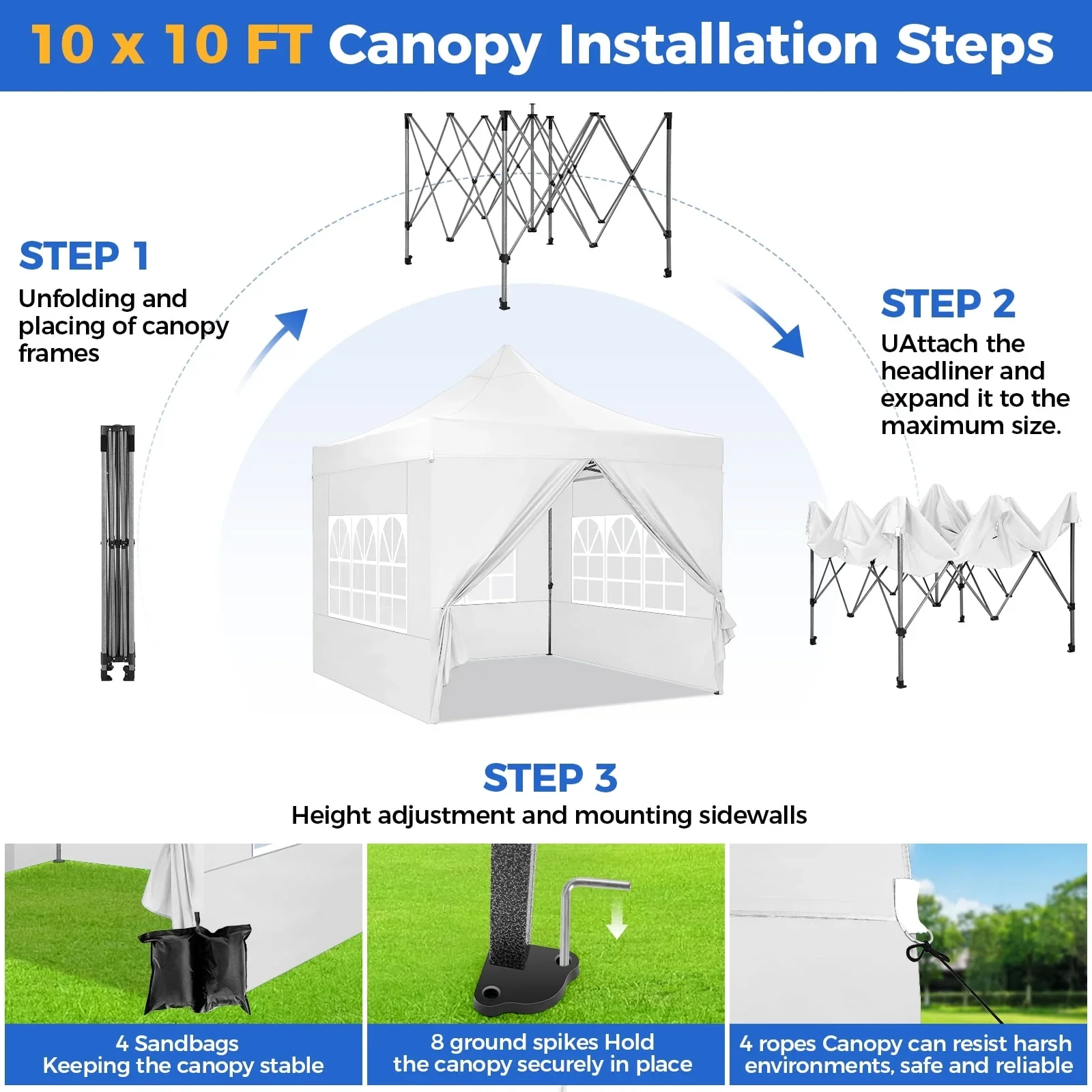 SANOPY 10'x20' Pop Up Canopy Waterproof Folding Tent Outdoor Easy Set-up Instant Tent Heavy Duty Commercial Wedding Party Shelter with 6 Removable Sidewalls, 4 Sandbags, Roller Bag, Black