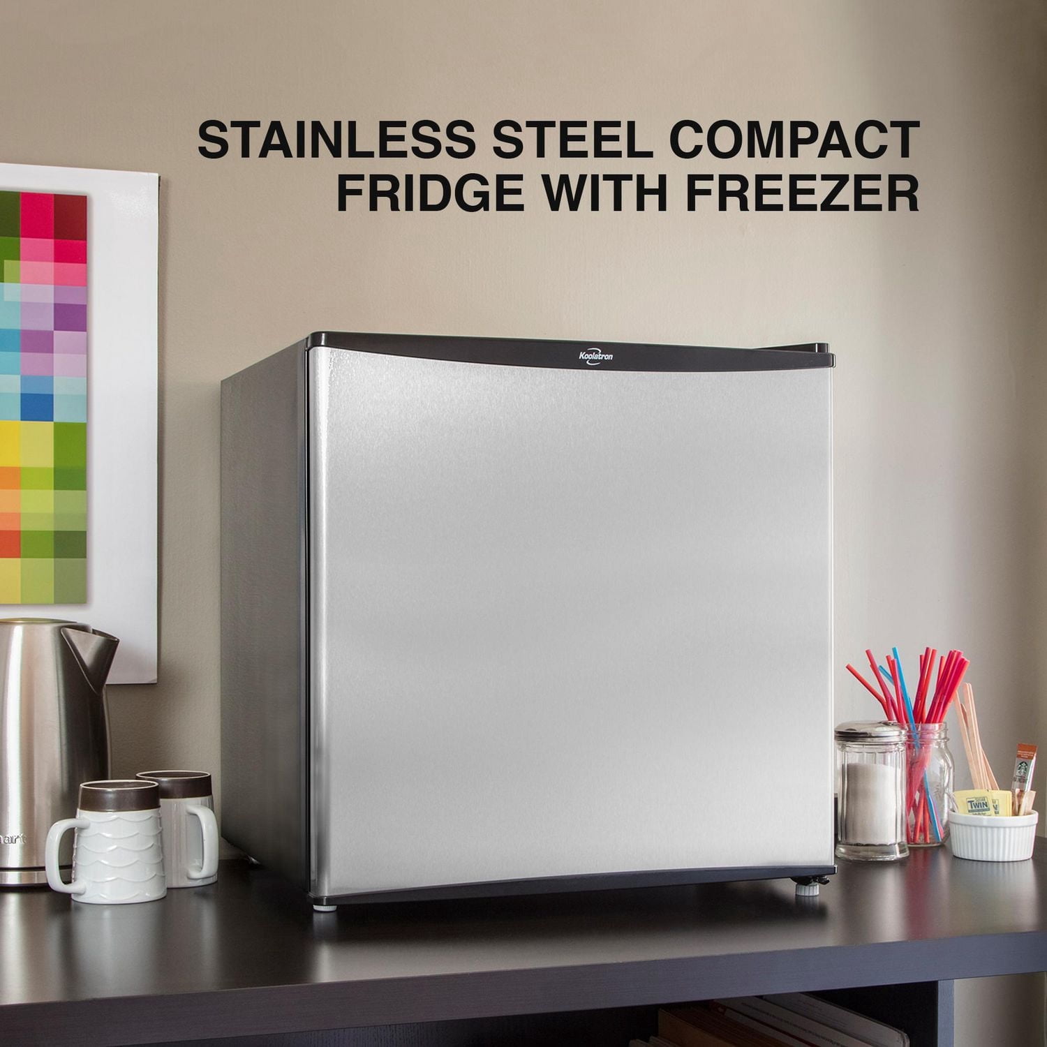 Koolatron 1.6 Cu.ft Mini Fridge with Freezer, Stainless Steel Compact Refrigerator for Home & Office