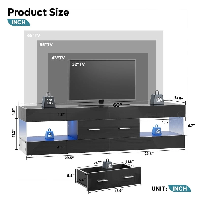 Bestier High Gloss TV Stand for TV up to 65" LED Television Entertainment Center Modern TV Cabinet with Storage Drawers