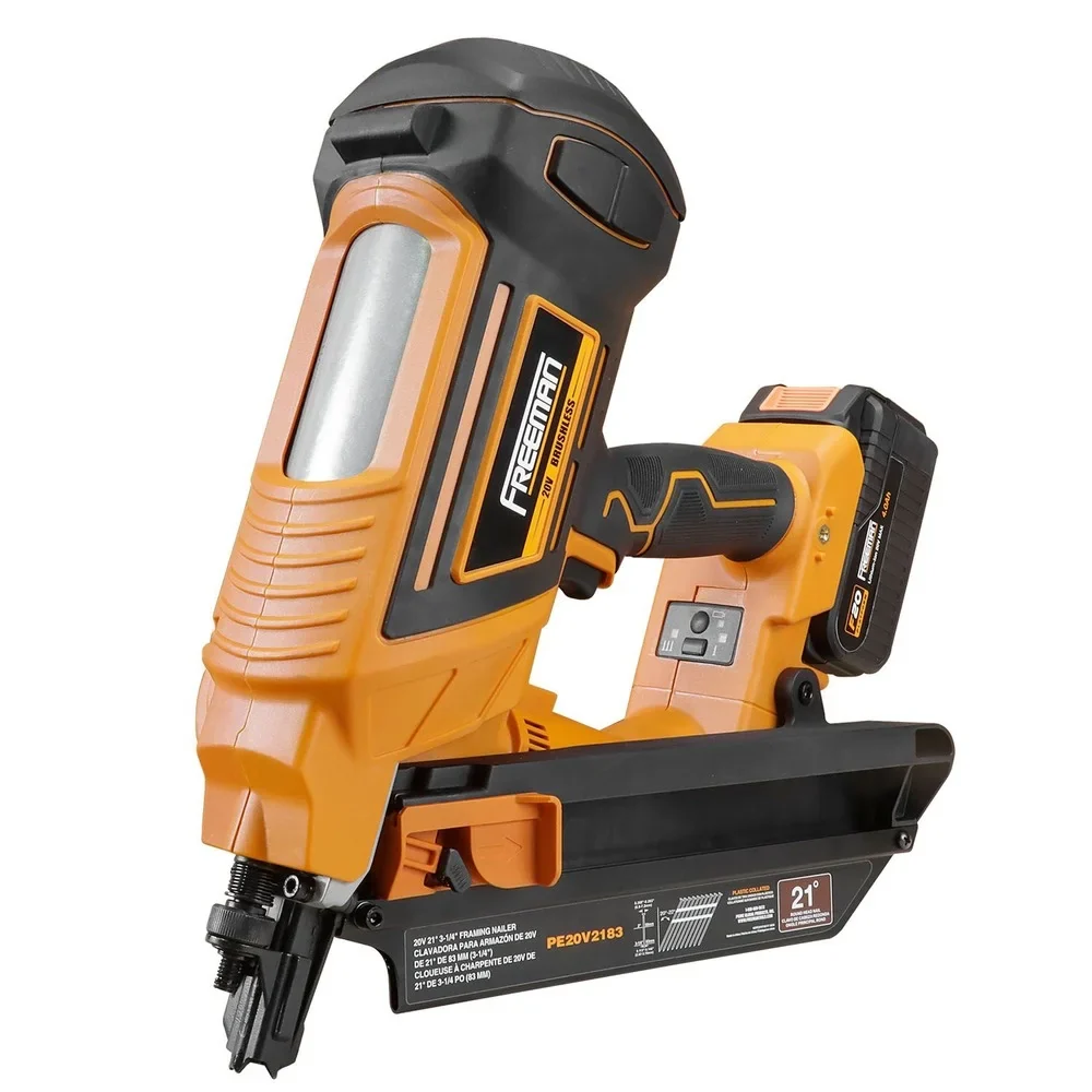 Freeman PE20V2183 20 Volt Cordless and Brushless 21 Degree 3-1/4" Framing Nailer Kit with Lithium Ion Battery, Charger, and Bag -C 750 Shots per Charge