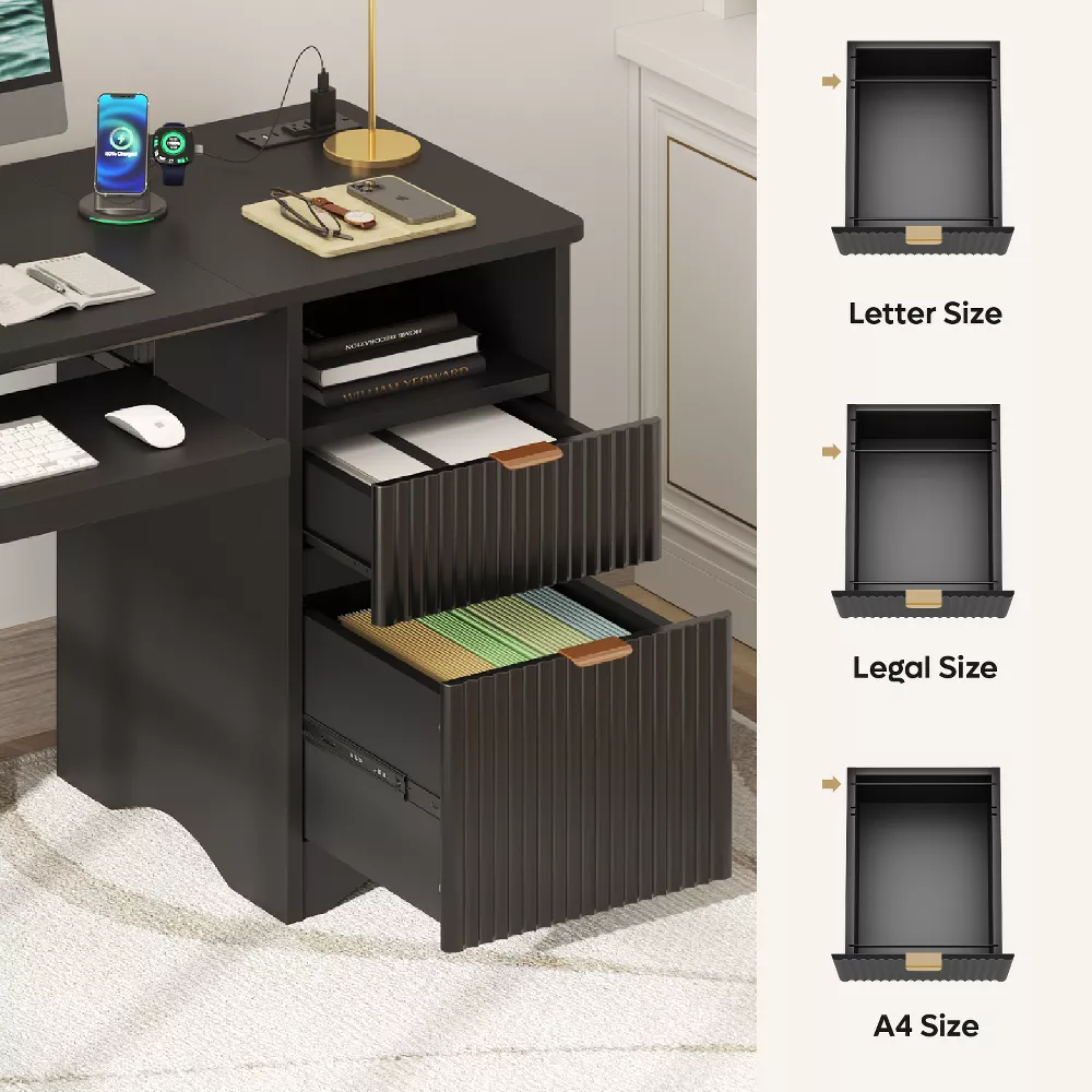 Bestier 55" Home Office Desk with Power Outlet & Keyboard Tray | Built-in USB Ports, File Drawer, Cable Management | Modern Computer Desk for Study, Gaming, Work, Blcak