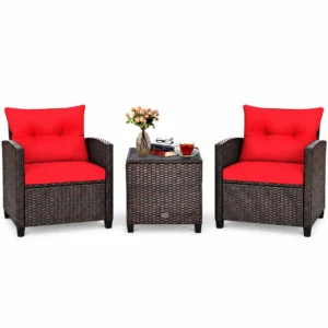 Costway 3PCS Patio Rattan Furniture Set Cushioned Conversation Set Sofa Coffee Table Red