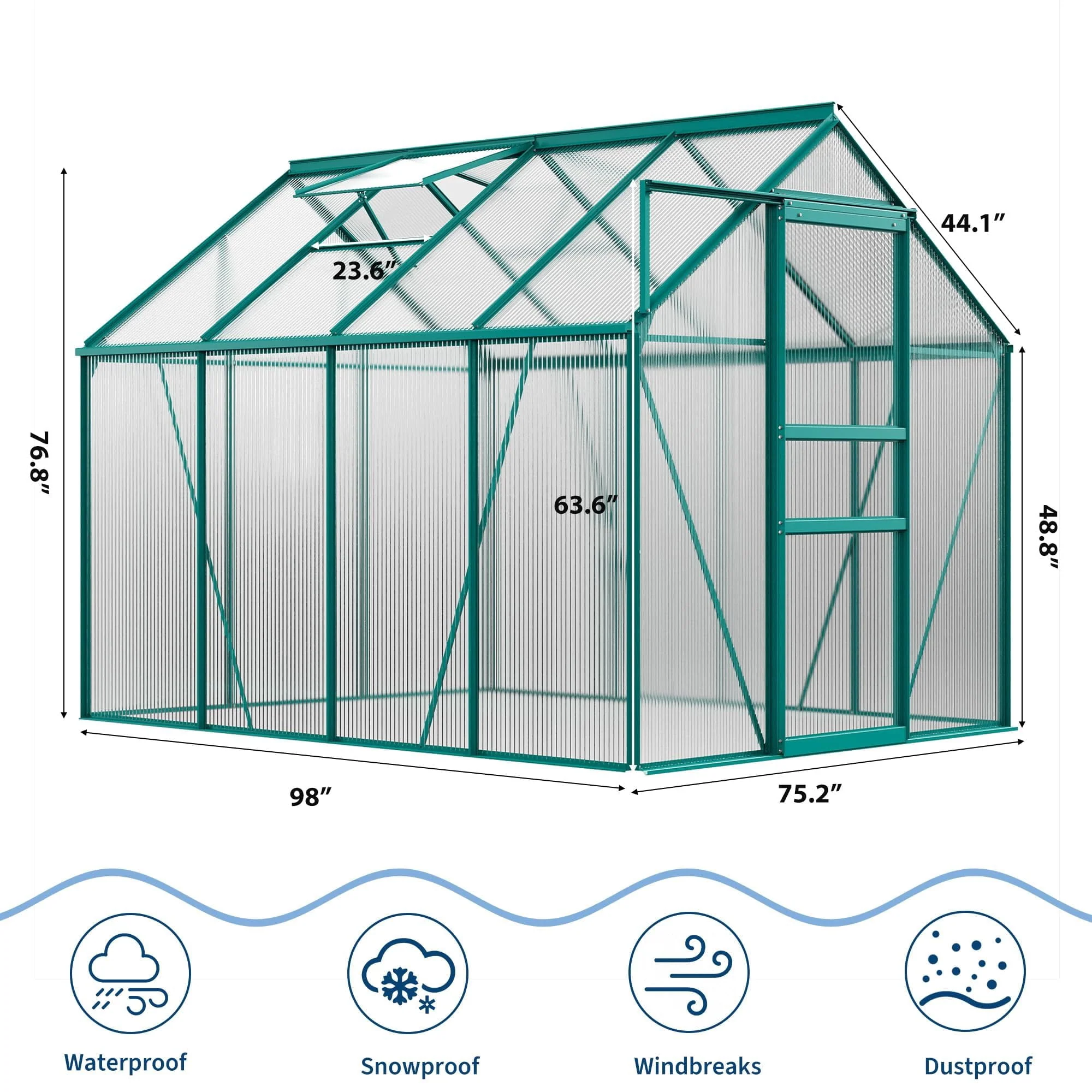 6x8 FT Polycarbonate Greenhouse – Outdoor Walk-In Greenhouse with Heavy Duty Aluminum Frame, Sliding Door, Adjustable Roof Vent & Rain Gutter for Backyard Gardening