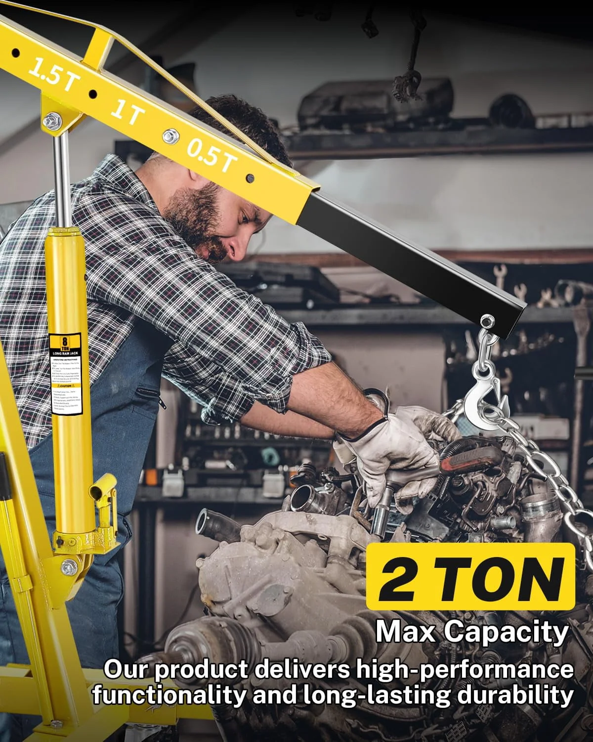 2-Ton Folding Hydraulic Engine Hoist with Lever & Telescopic Boom, 4400 Lbs Capacity with 6 Steel Casters for Car Truck Boat Motors